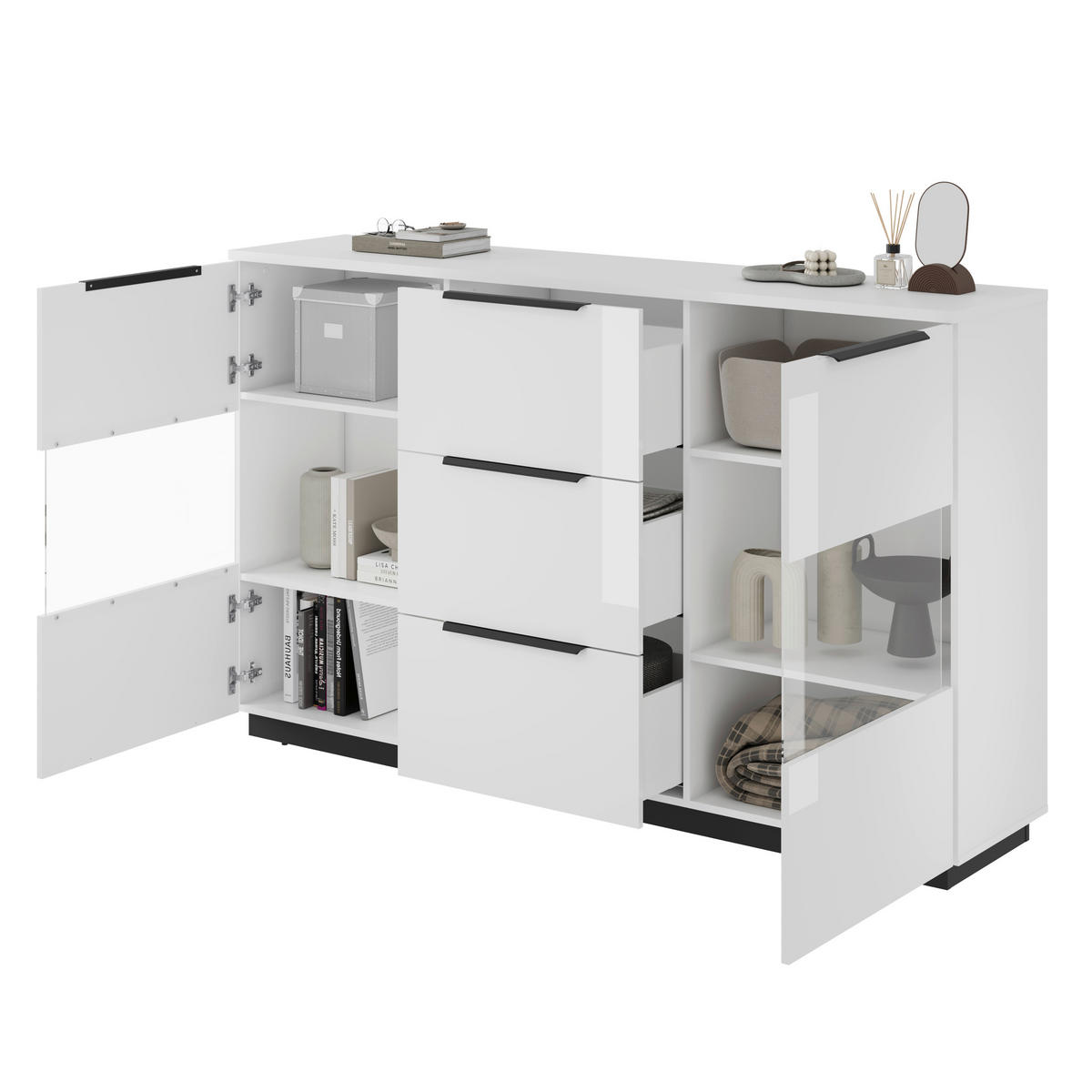 HIGHBOARD Tuluza 180/109,2/40,5 cm 3 Schublade(n)  - Weiss Hochglanz/Weiss, Design, Glas/Holzwerkstoff (180/109,2/40,5cm) - MID.YOU