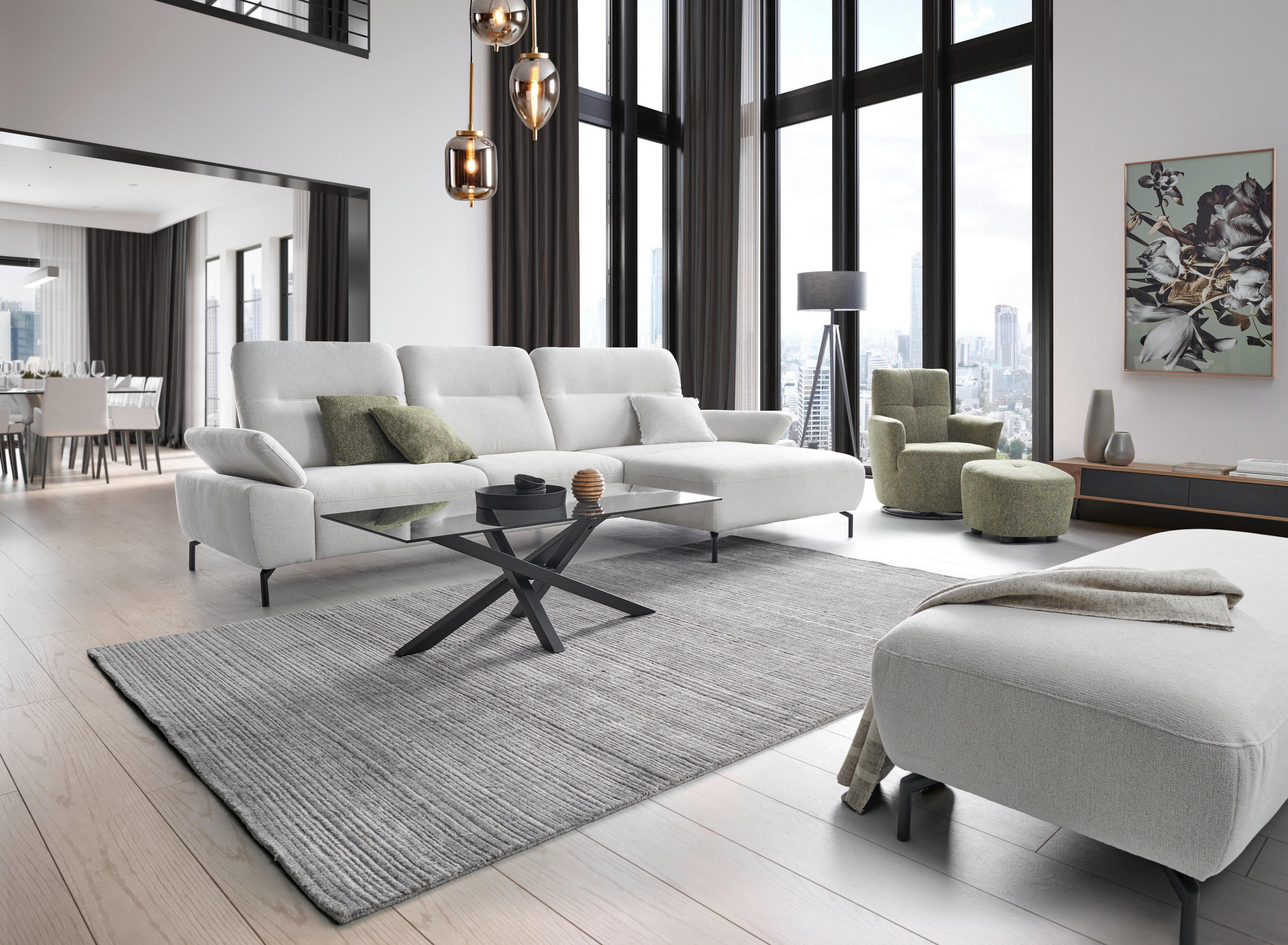 ECKSOFA in Chenille, Flachgewebe Grauweiss  - Schwarz/Grauweiss, Design, Textil/Metall (318/165cm) - Xora