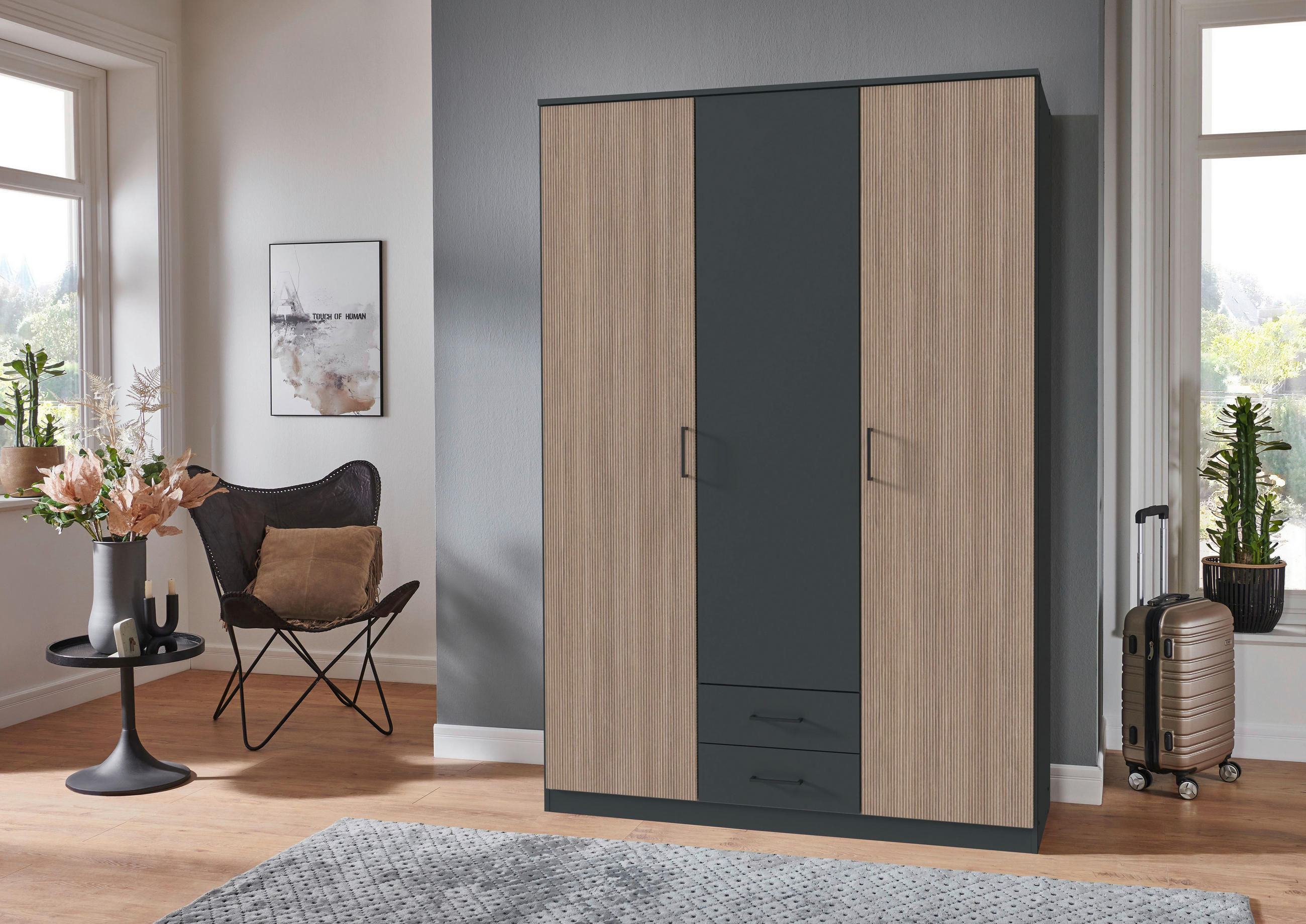 KLEIDERSCHRANK 135/199/58 cm 3-türig Braun, Graphitfarben  - Schwarz/Graphitfarben, KONVENTIONELL, Holzwerkstoff/Kunststoff (135/199/58cm) - Boxxx