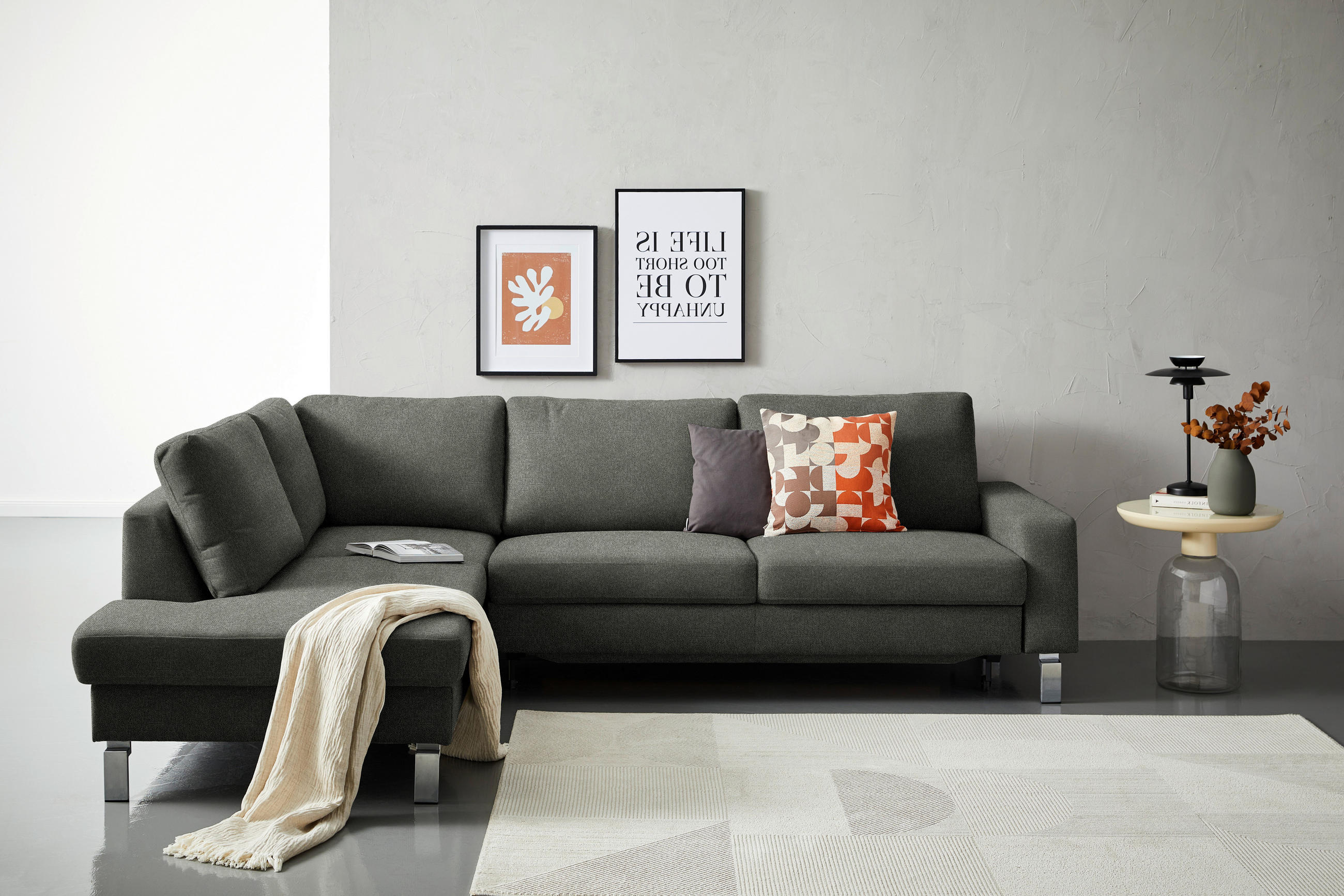 ECKSOFA in Flachgewebe Grau  - Chromfarben/Grau, Design, Textil/Metall (200/276cm) - Hom`in