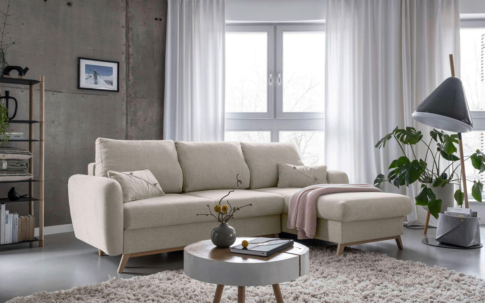 ECKSOFA Beige Chenille  - Beige/Naturfarben, Holz/Textil (235/157cm) - MID.YOU