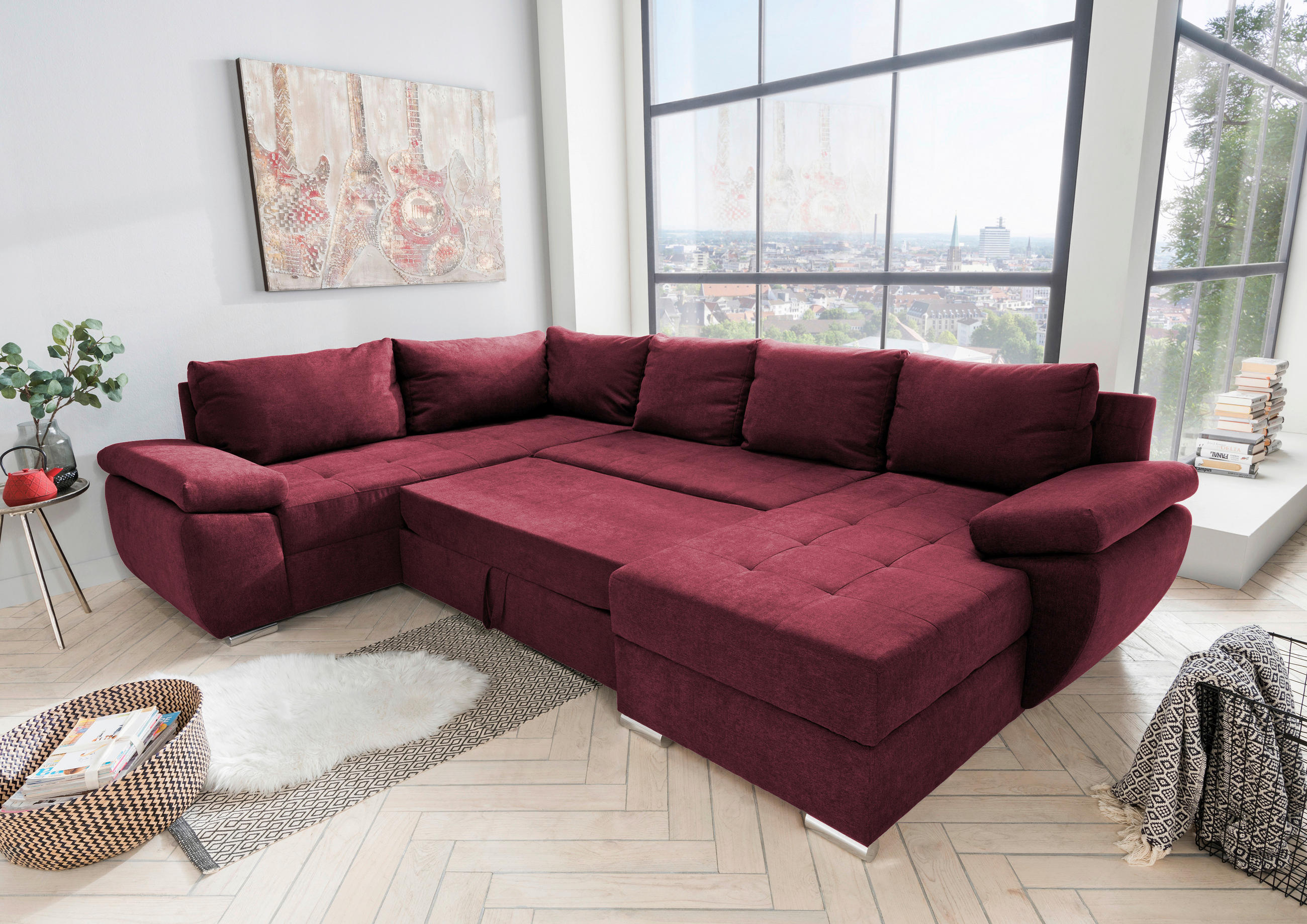 WOHNLANDSCHAFT Beere Mikrofaser  - Chromfarben/Beere, KONVENTIONELL (219/305/157cm) - Livetastic