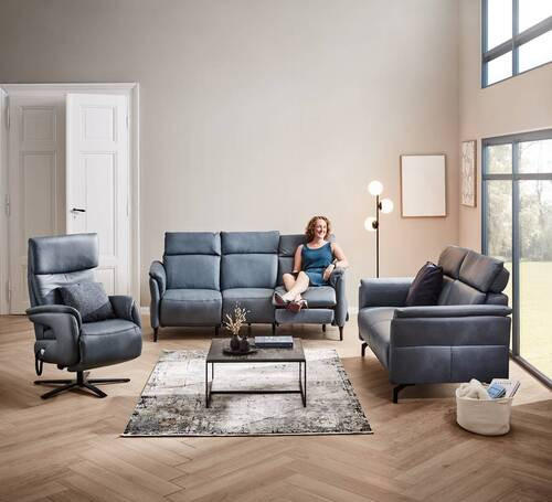 TRAPEZSOFA in Echtleder Graublau - Graublau/Schwarz, KONVENTIONELL, Leder/Metall (221/103/95cm) - Dieter Knoll