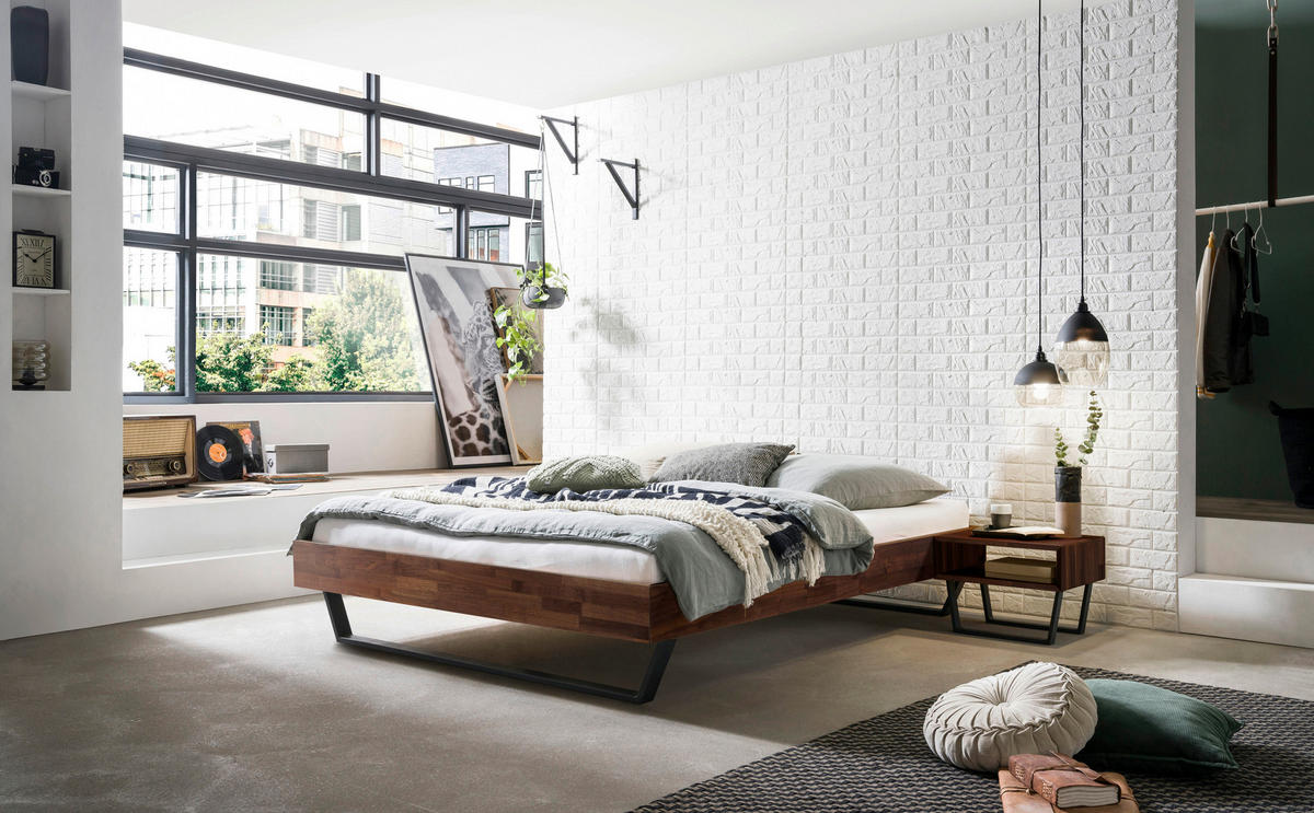 BETT 140/200 cm,  in Schwarz, Nussbaumfarben  - Nussbaumfarben/Schwarz, KONVENTIONELL, Holz/Metall (140/200cm) - Hasena