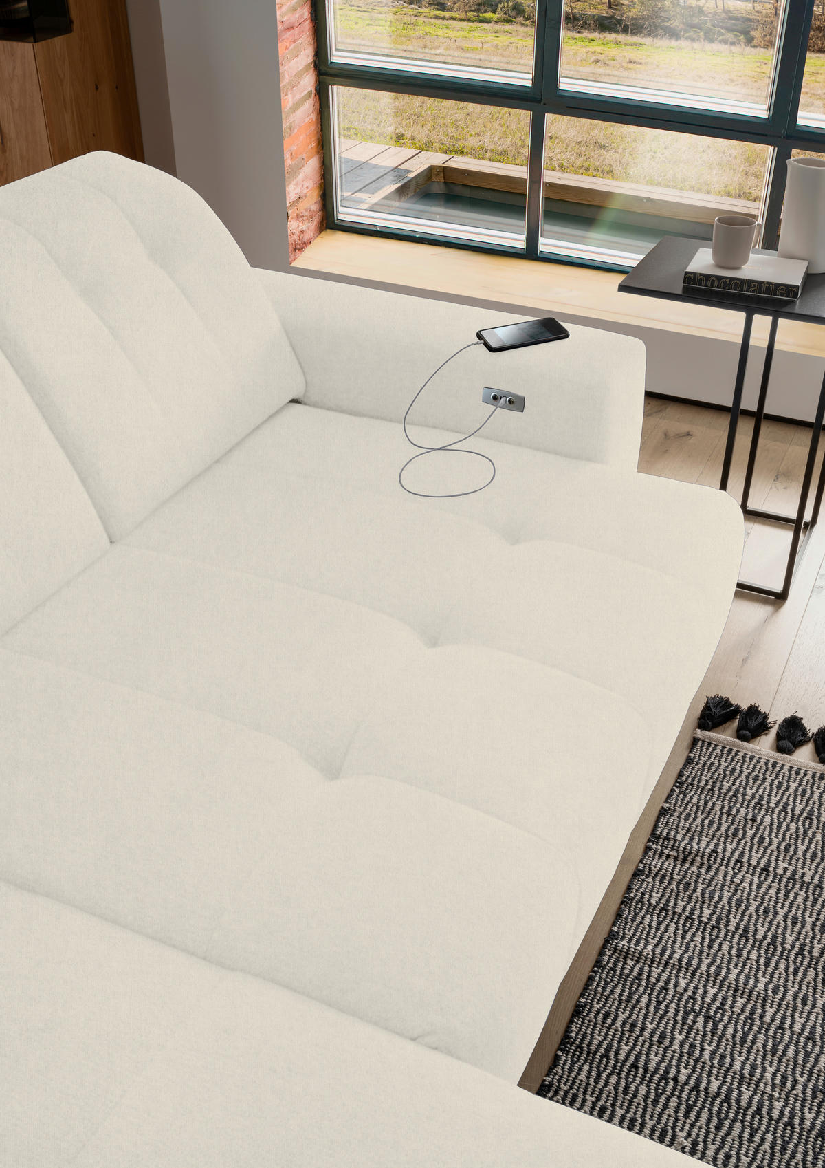 ECKSOFA Creme Mikrofaser  - Creme/Schwarz, MODERN, Textil/Metall (200/261cm) - Livetastic