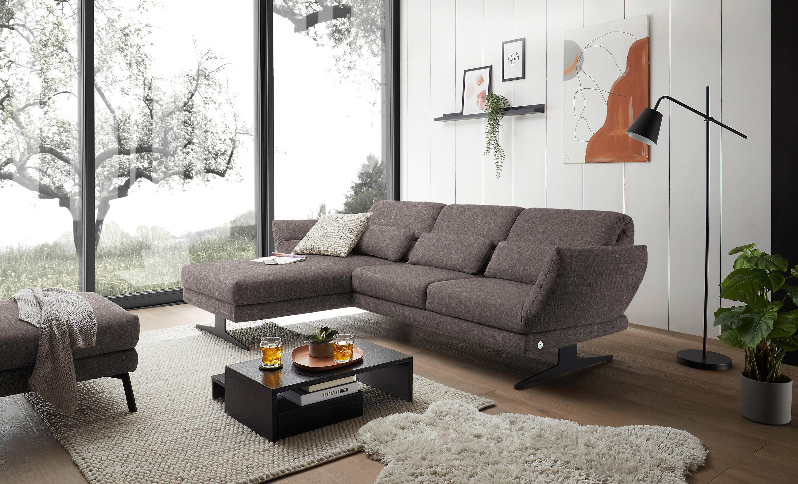 ECKSOFA in Flachgewebe Greige  - Greige/Schwarz, Design, Textil/Metall (176-217/279-327cm) - Dieter Knoll