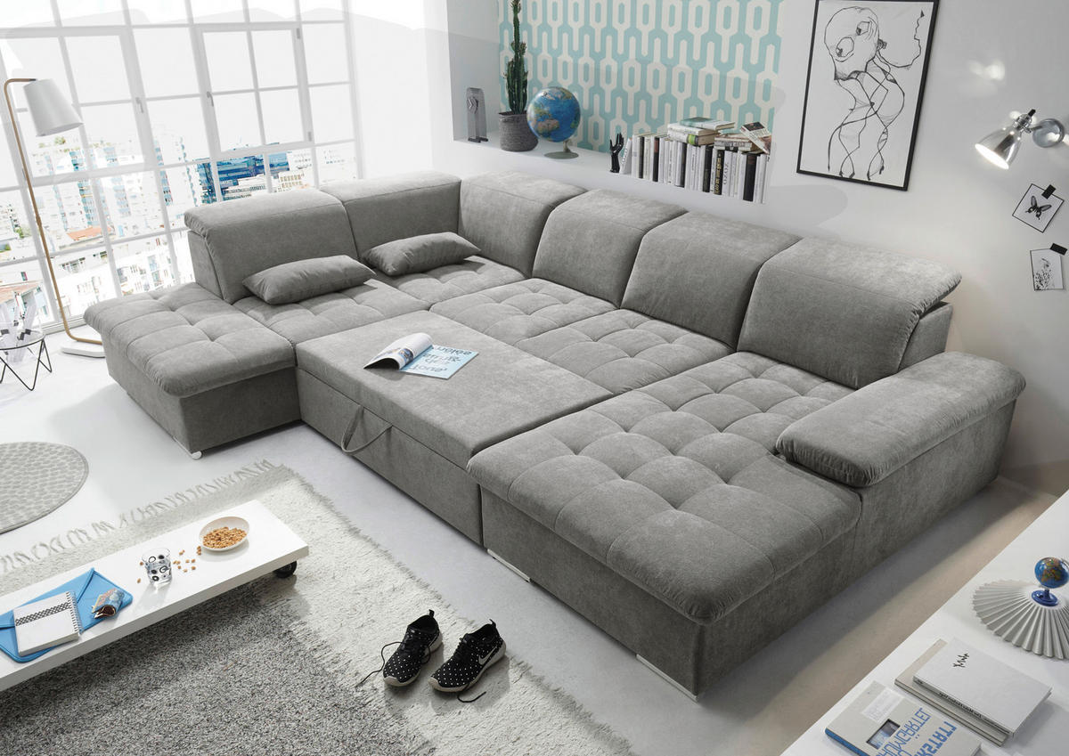 WOHNLANDSCHAFT Schlammfarben Mikrovelours  - Schlammfarben/Silberfarben, KONVENTIONELL, Kunststoff/Textil (240/340/188cm) - MID.YOU