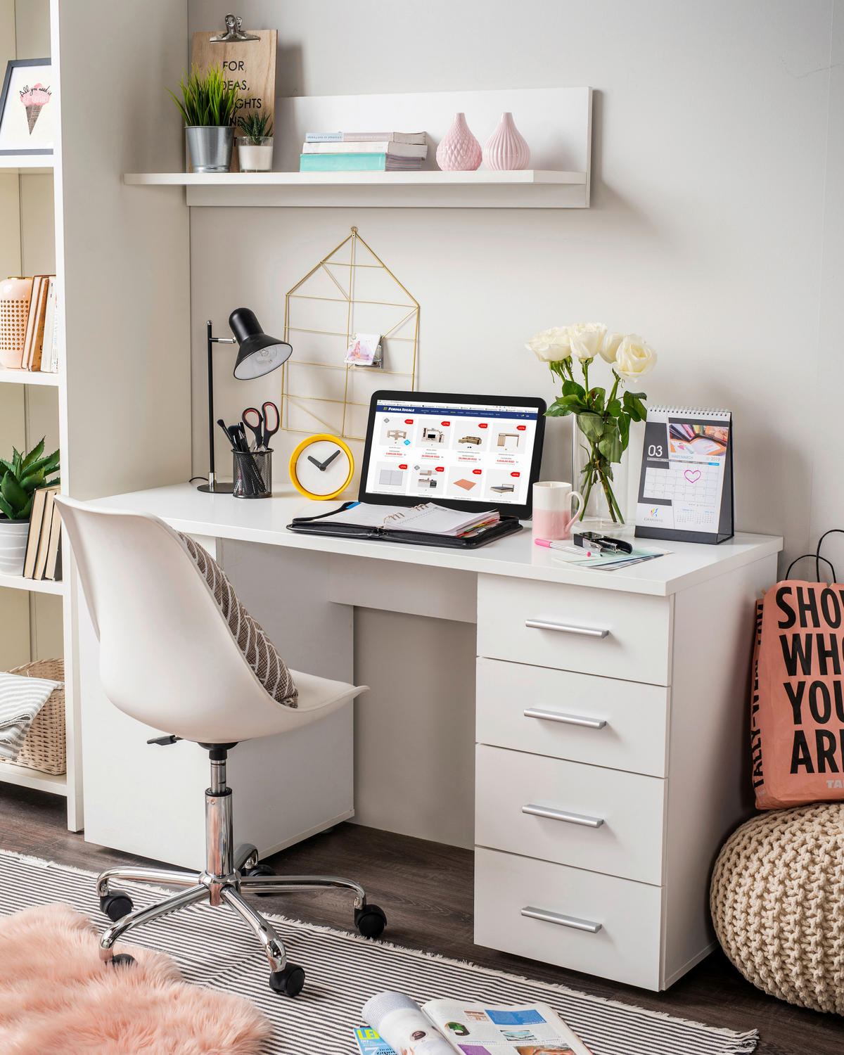 ÍRÓASZTAL 135/74/50 cm  - fehér, Basics, faalapú anyag (135/74/50cm) - Xora