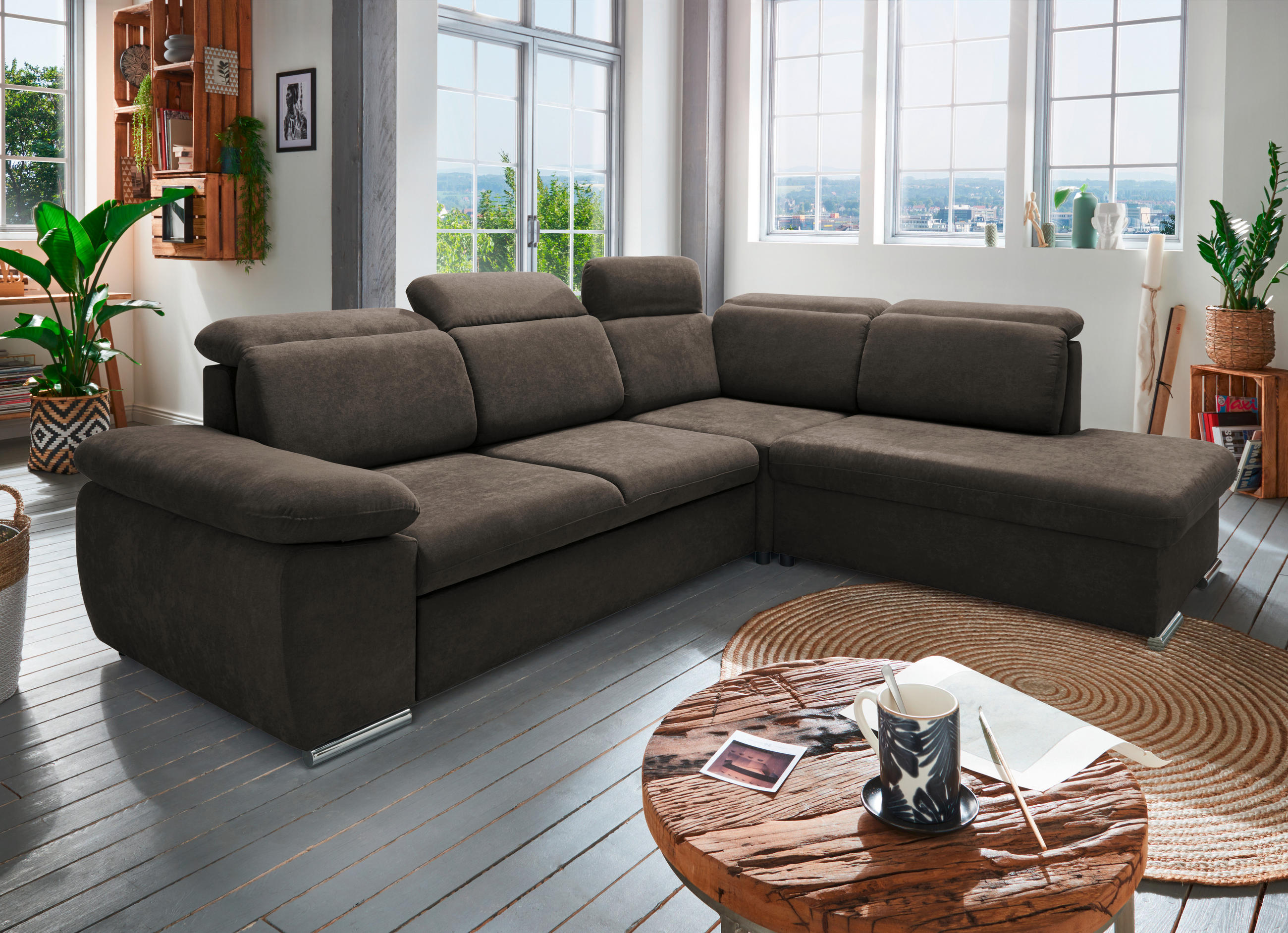 ECKSOFA in Mikrofaser Dunkelbraun - Chromfarben/Dunkelbraun, Design, Textil/Metall (283/228cm) - Livetastic