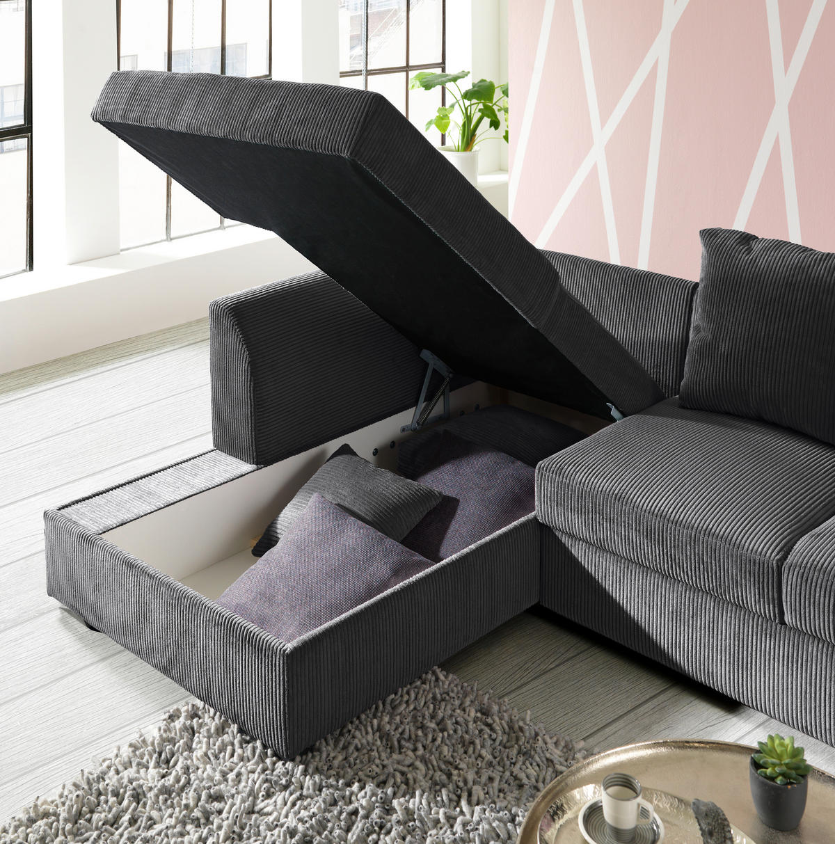 ECKSOFA inkl.Funktionen Anthrazit Cord  - Anthrazit/Schwarz, Design, Kunststoff/Textil (174/259cm) - Cantus