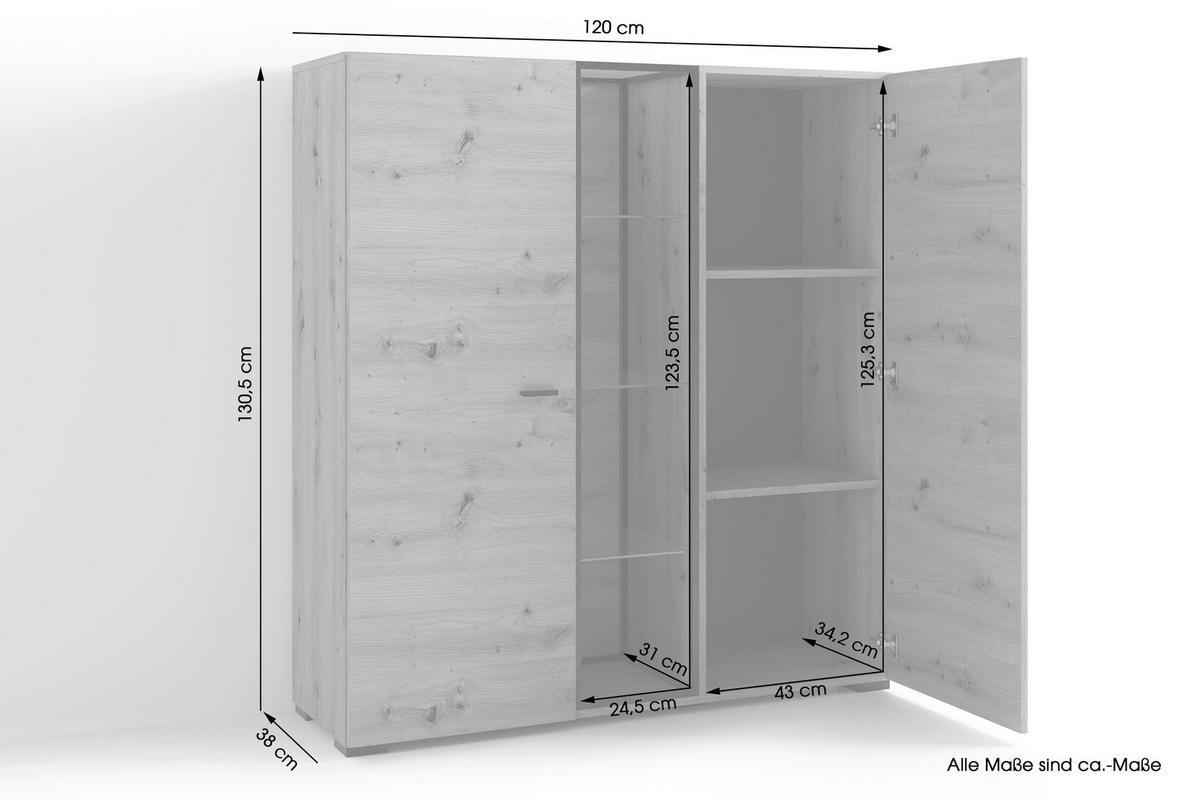 HIGHBOARD FRAME, 120/130,5/38 cm,  - Schwarz/Eiche Artisan, MODERN, Glas/Holzwerkstoff (120/130,5/38cm) - MID.YOU