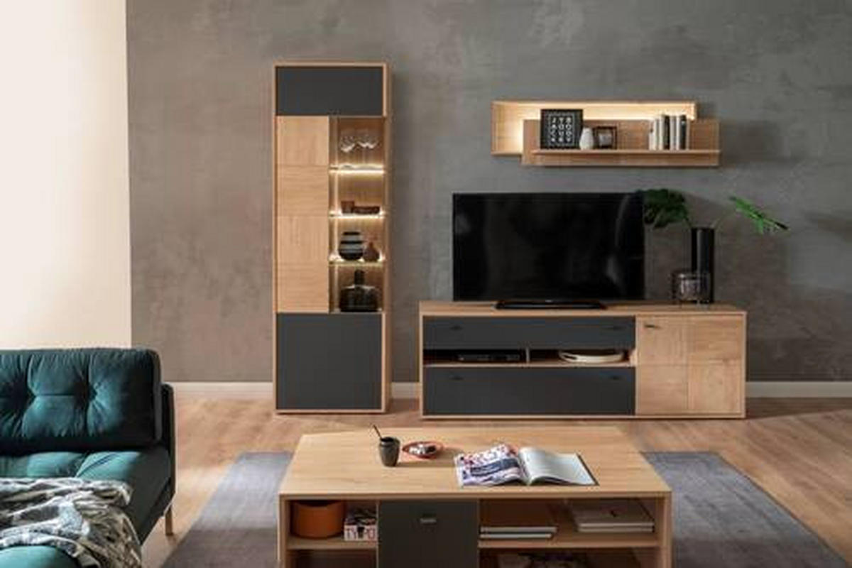 WOHNWAND  in Anthrazit, Eiche Bianco  - Eiche Bianco/Anthrazit, Design, Glas/Holz (258/207/50cm) - MID.YOU