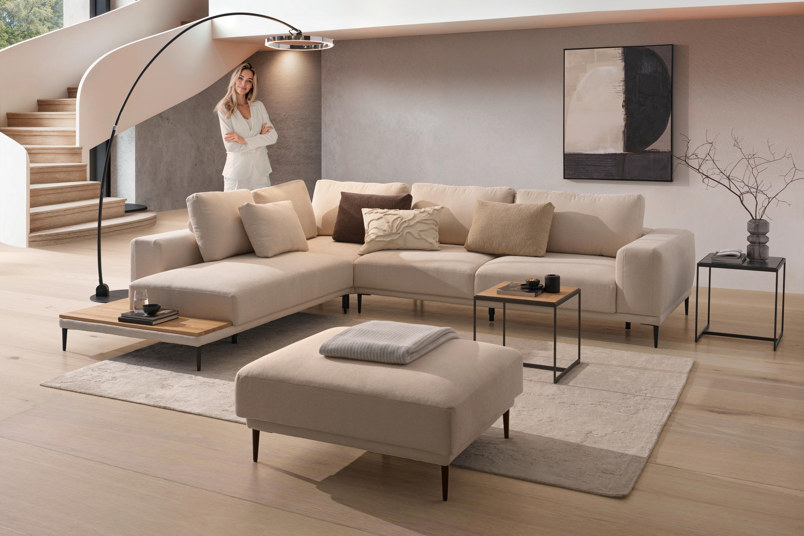 ECKSOFA in Leinwand Naturfarben  271/318 cm  - Schwarz/Naturfarben, Design, Textil/Metall (271/318cm) - Emilio Belluti