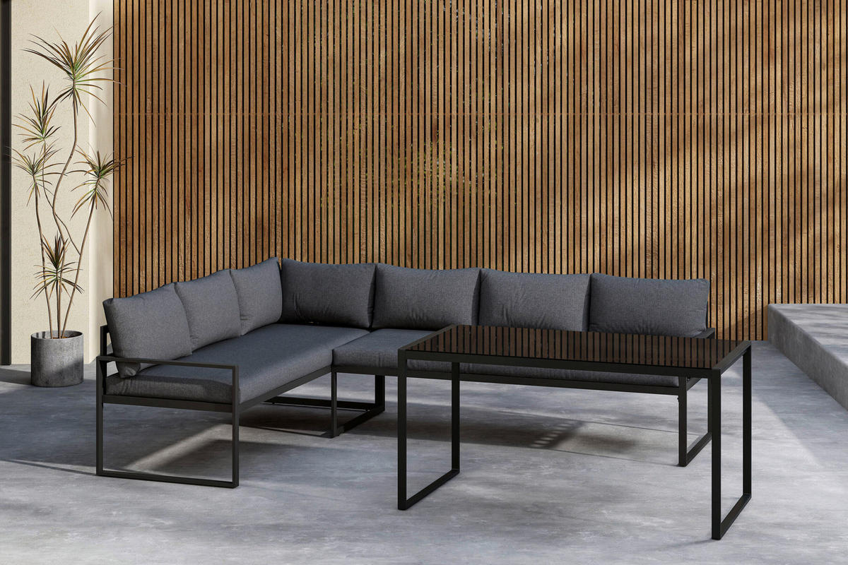 LOUNGEGARNITUR Stahl  - Schwarz/Grau, MODERN, Glas/Textil (241/66/69cm) - Gardenson