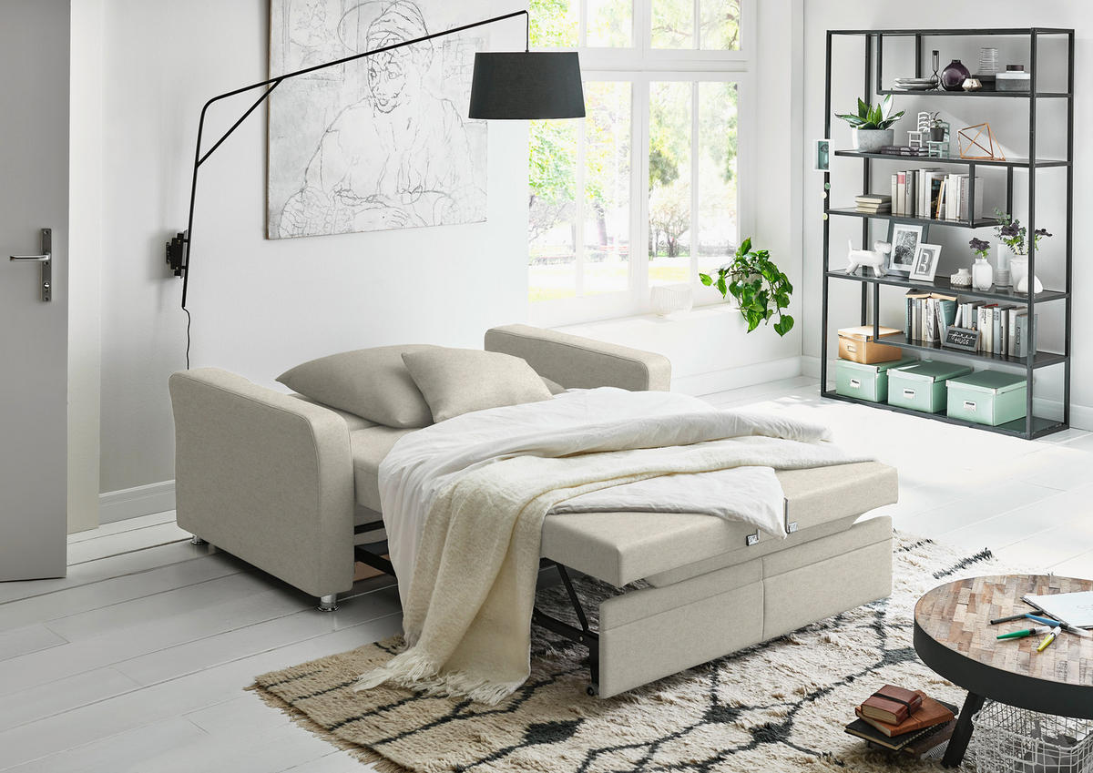 SCHLAFSOFA  in Chenille Naturfarben  - Chromfarben/Naturfarben, KONVENTIONELL, Textil/Metall (186/90/100cm) - Beldomo Style