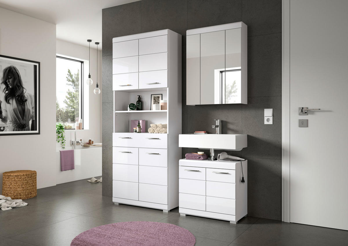 BADEZIMMER 3-teilig  in  - Weiß Hochglanz/Silberfarben, MODERN, Holzwerkstoff/Kunststoff (134cm) - MID.YOU