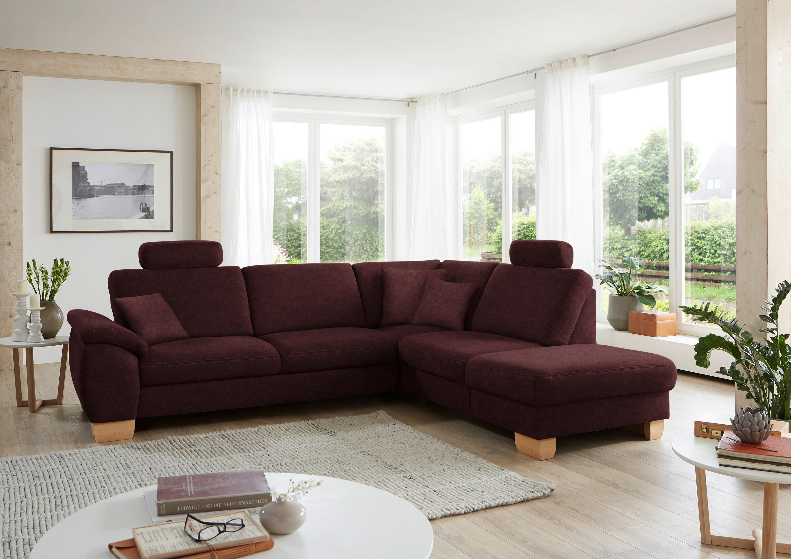 ECKSOFA in Mikrofaser Weinrot  - Wildeiche/Beige, Natur, Holz/Textil (286/236cm) - Voleo