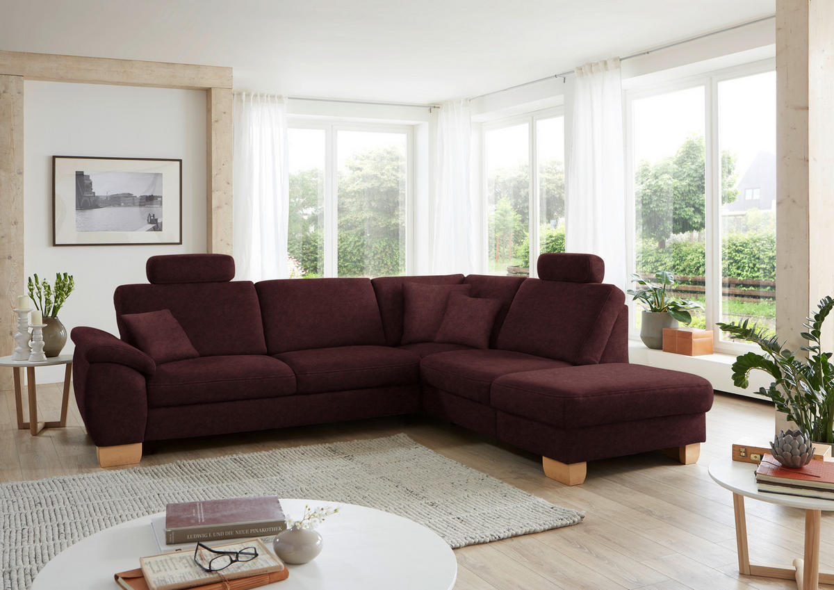 ECKSOFA in Mikrofaser Weinrot  - Wildeiche/Beige, Natur, Holz/Textil (286/236cm) - Voleo