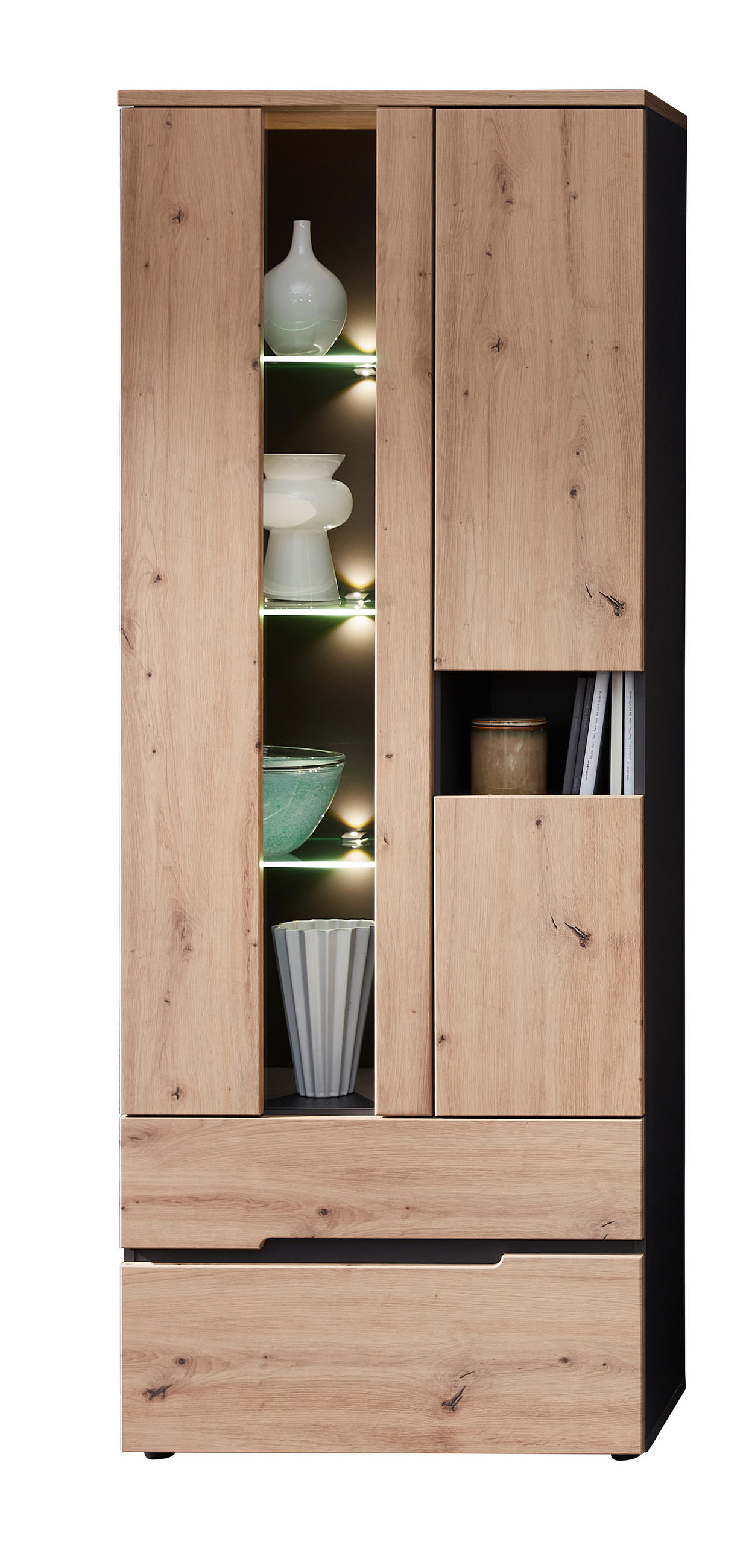 VITRINA grafitno siva, hrast artisan   - grafitno siva/hrast artisan, Moderno, staklo/pločasti materijal (75/197/38cm) - Modern Living