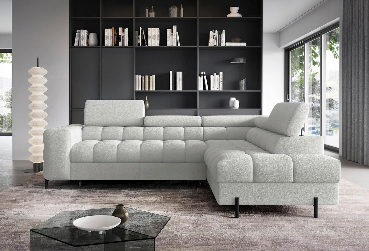 ECKSOFA FERUCCE Grau Teddystoff Bettkasten, Kopfteilverstellung  - Schwarz/Grau, Design, Textil/Metall (276/200cm) - MID.YOU