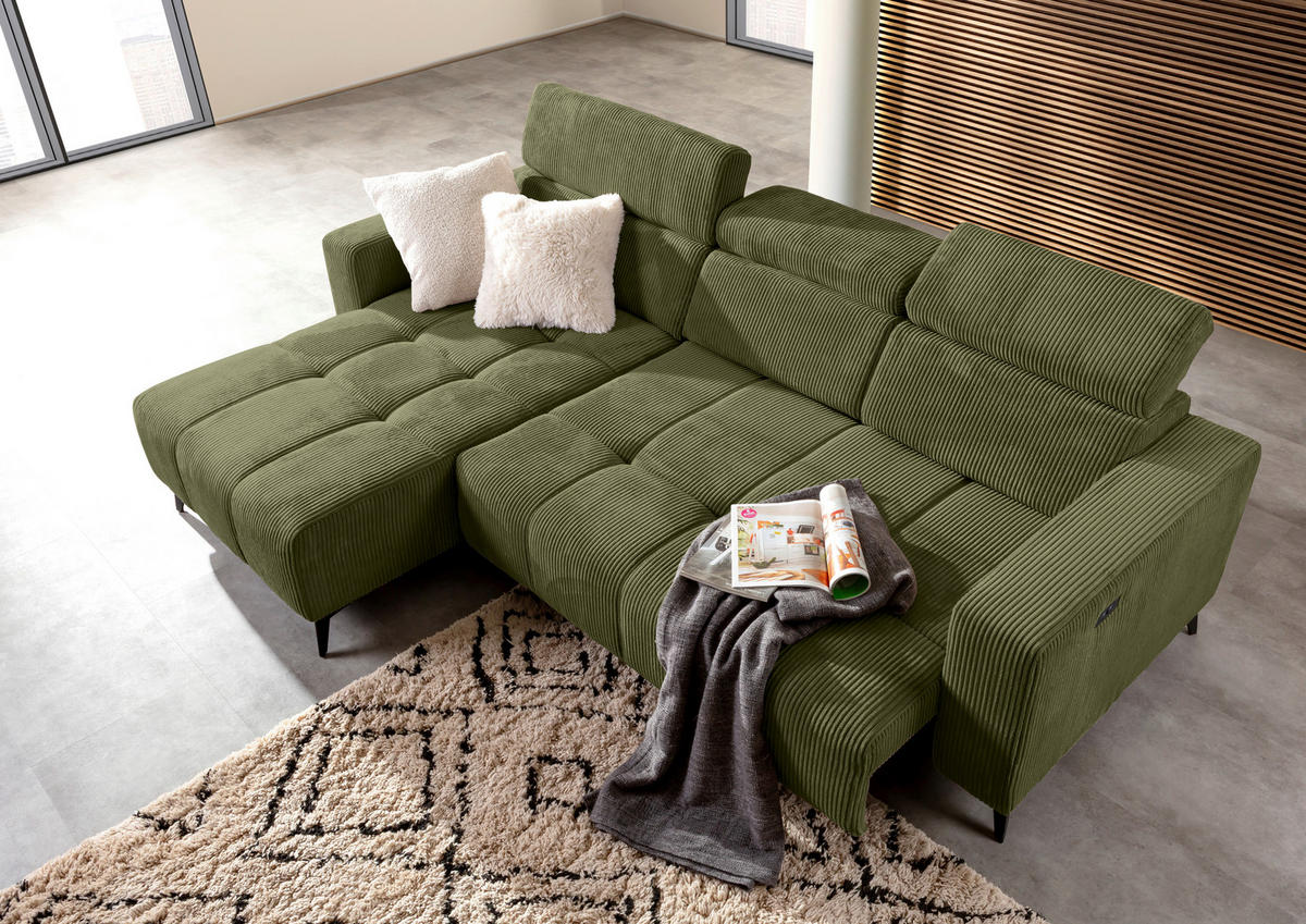 ECKSOFA Olivgrün Cord Rücken echt, Kopfteilverstellung, Sitzvorzug  - Schwarz/Olivgrün, KONVENTIONELL, Textil/Metall (170/257cm) - Carryhome
