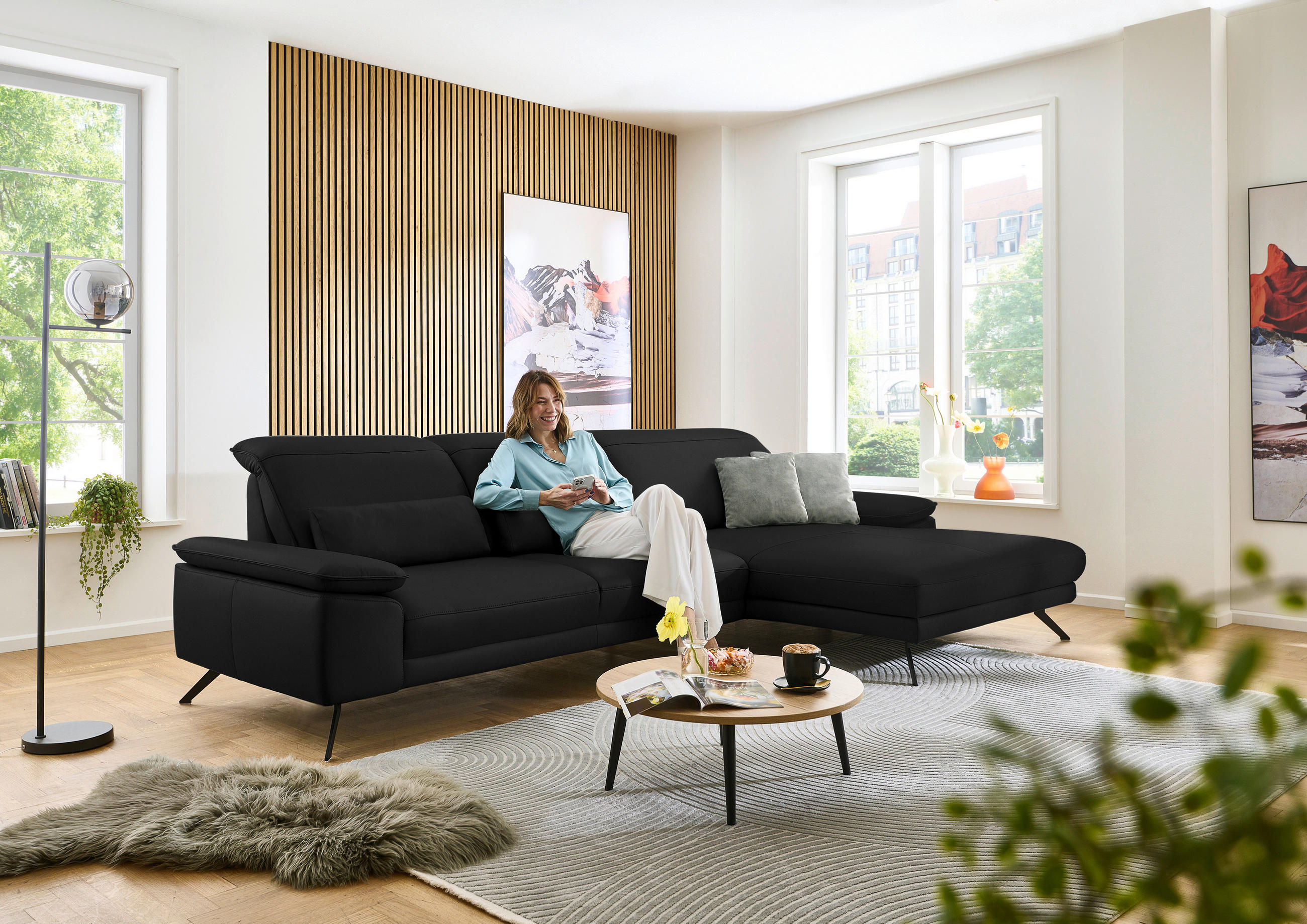 ECKSOFA in Echtleder Schwarz  - Schwarz, Design, Leder/Metall (332/193cm) - Dieter Knoll