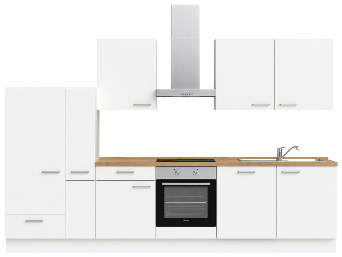 KÜCHENBLOCK 330 cm   in Weiß, Eichefarben  - Edelstahlfarben/Eichefarben, MODERN, Holzwerkstoff/Metall (330cm) - Nobilia