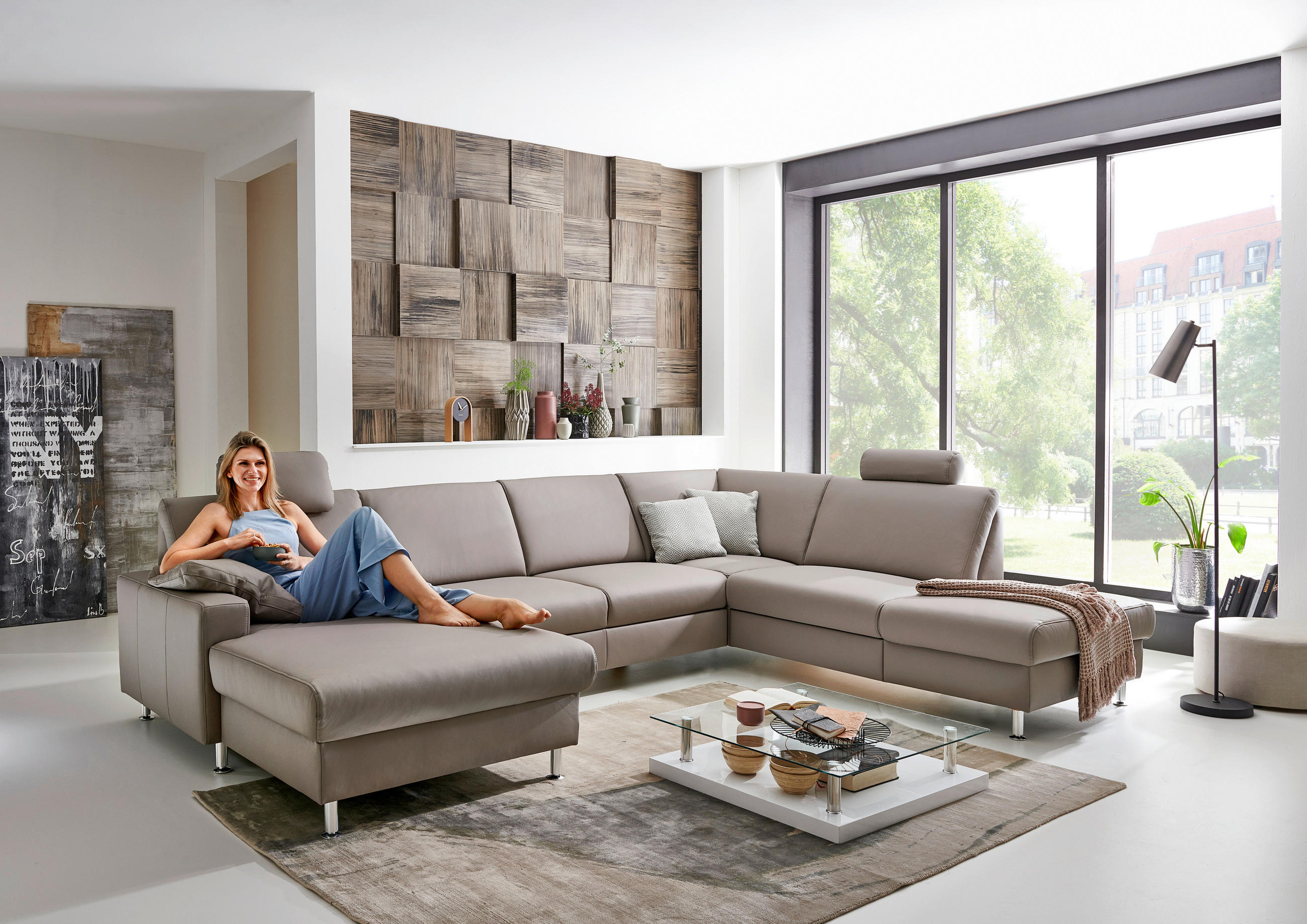 WOHNLANDSCHAFT in Echtleder Hellgrau  - Hellgrau/Alufarben, Design, Leder/Metall (165/339/233cm) - Beldomo Premium