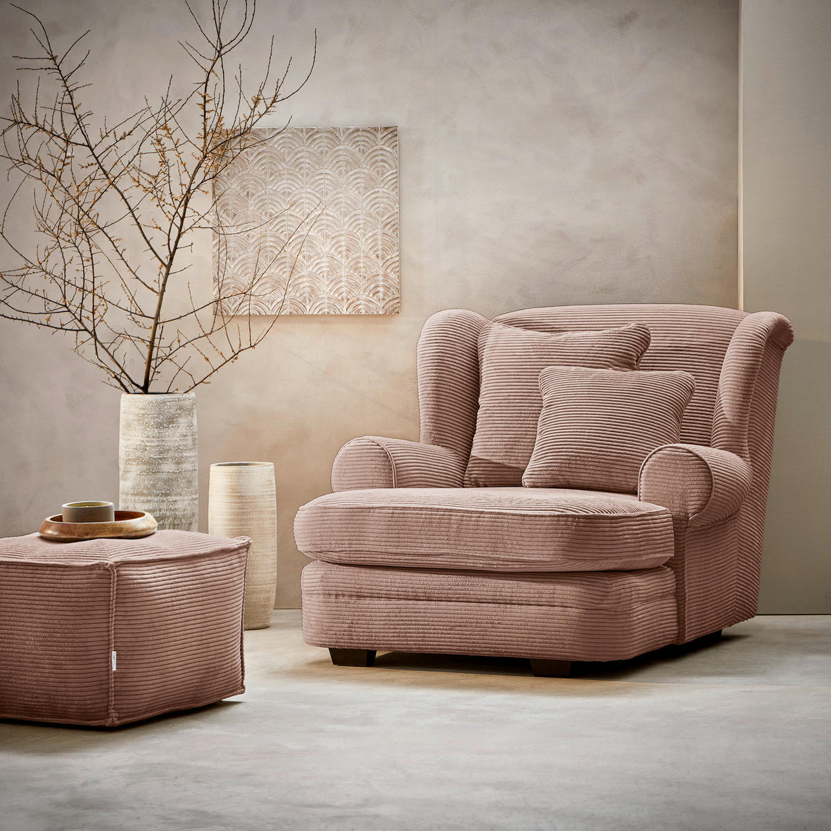 XXL-SESSEL Cord Rosa    - Beige/Dunkelbraun, Design, Holz/Textil (121/100/140cm) - Ambia Home