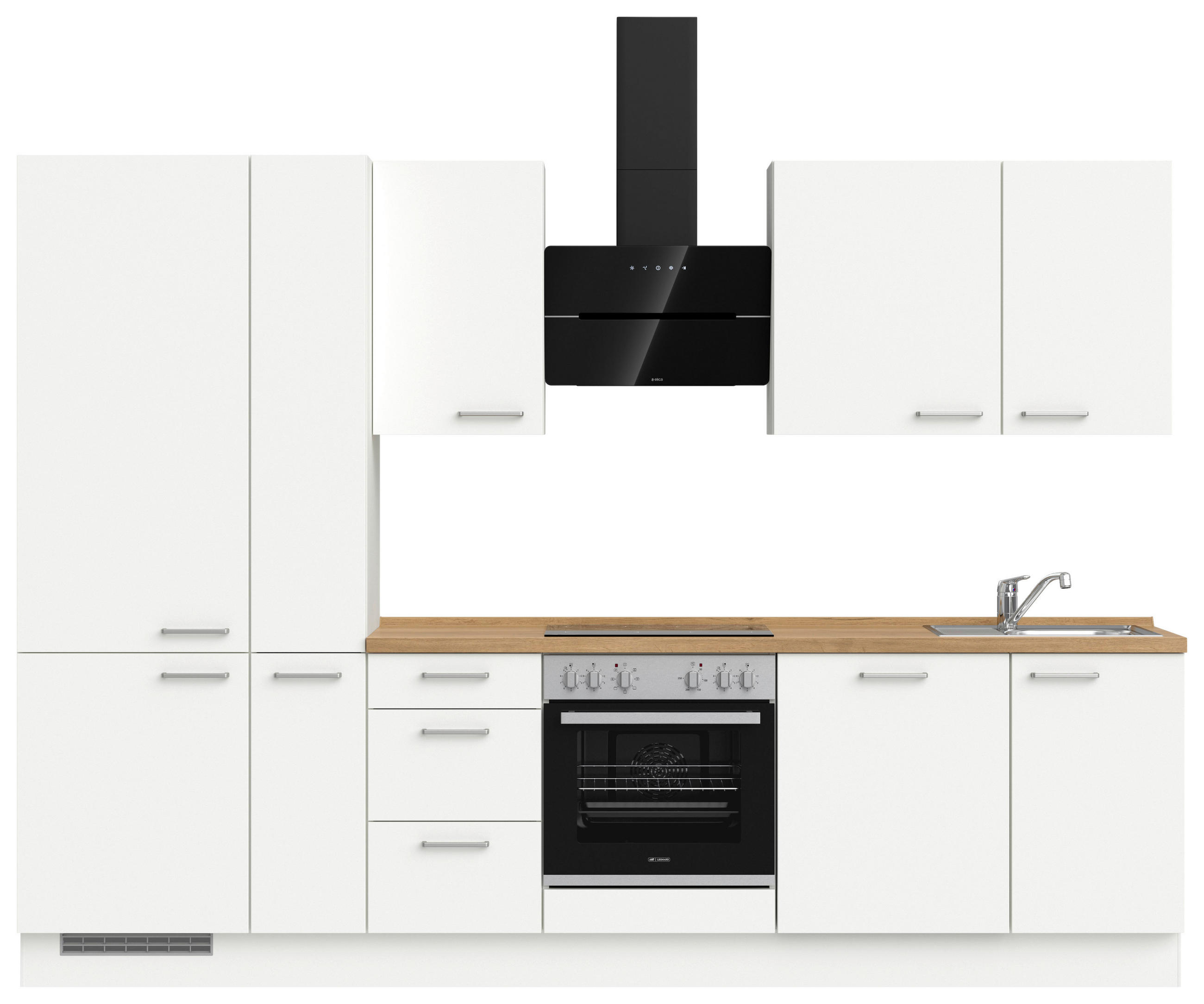 KÜCHENBLOCK 300 cm   in Weiß, Eichefarben  - Edelstahlfarben/Eichefarben, MODERN, Holzwerkstoff/Metall (300cm) - Nobilia