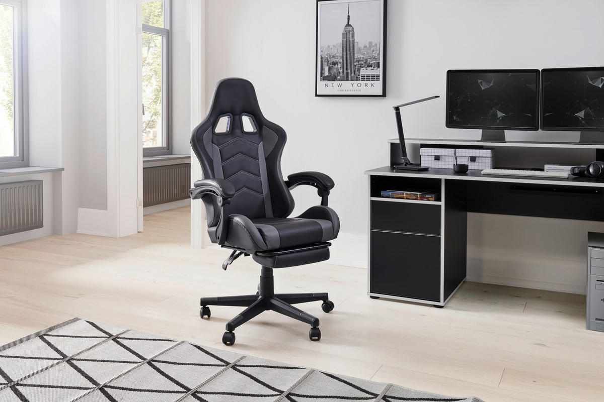 GAMINGSTUHL  in Lederlook Grau, Schwarz  - Schwarz/Grau, Lifestyle, Kunststoff/Textil (64/124-134/70cm) - MID.YOU