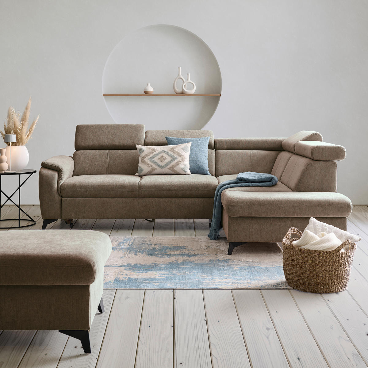 Ecksofa inkl. Funktionen in Chenille Braun, Schlammfarben  - Schlammfarben/Schwarz, Design, Textil/Metall (260/203cm) - Stylife