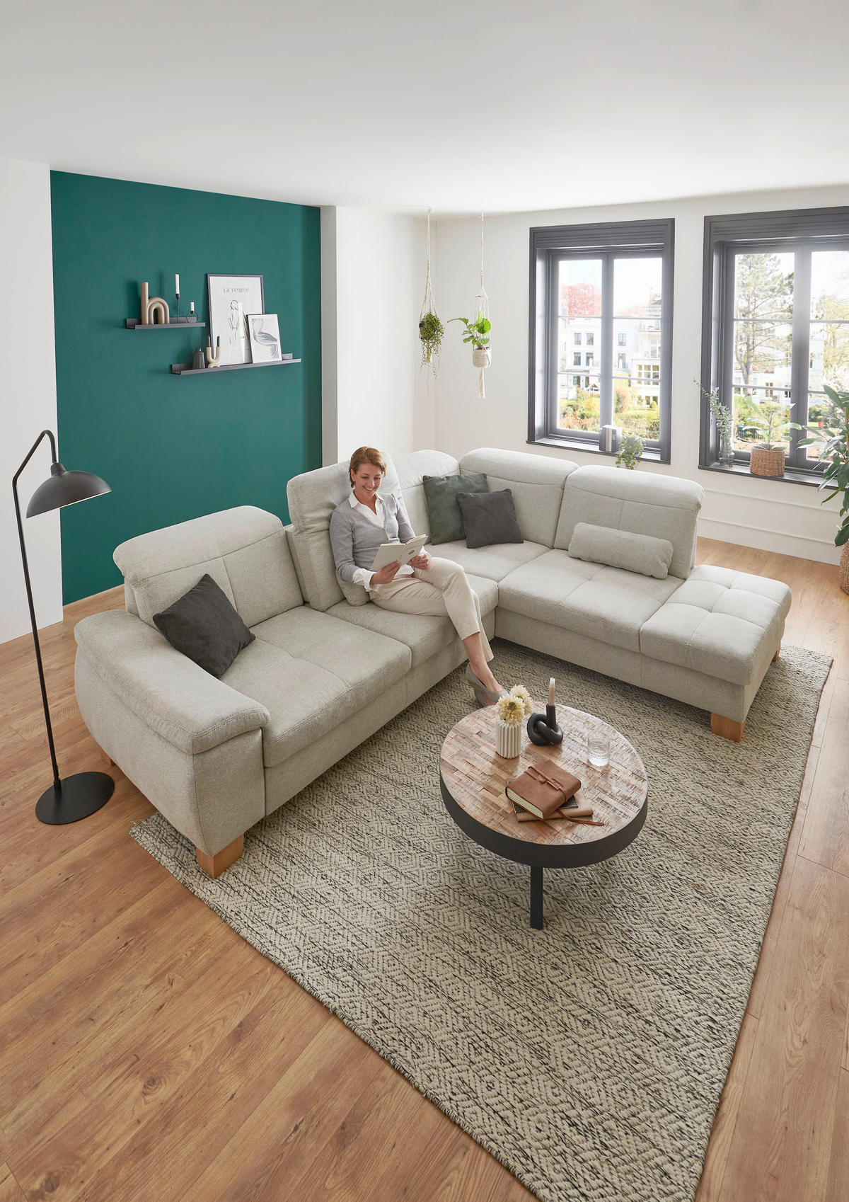 ECKSOFA in Flachgewebe Ecru  - Wildeiche/Ecru, Natur, Holz/Textil (301/243cm) - Voleo