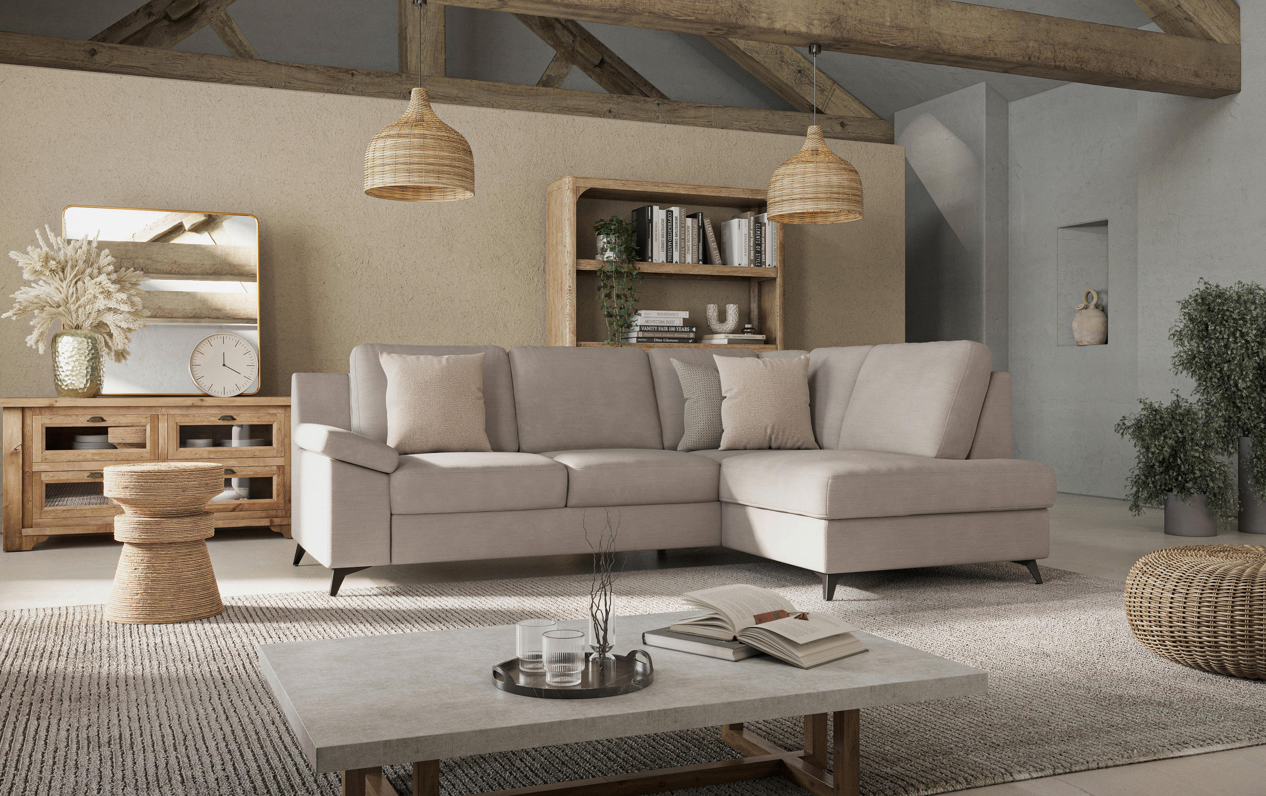 Thumbnail - Cotta Ecksofa, Beige, Textil, 4-Sitzer, Ottomane rechts, L-Form, 242x170 cm, Made in EU, Stoffauswahl, Rücken echt, Armt...