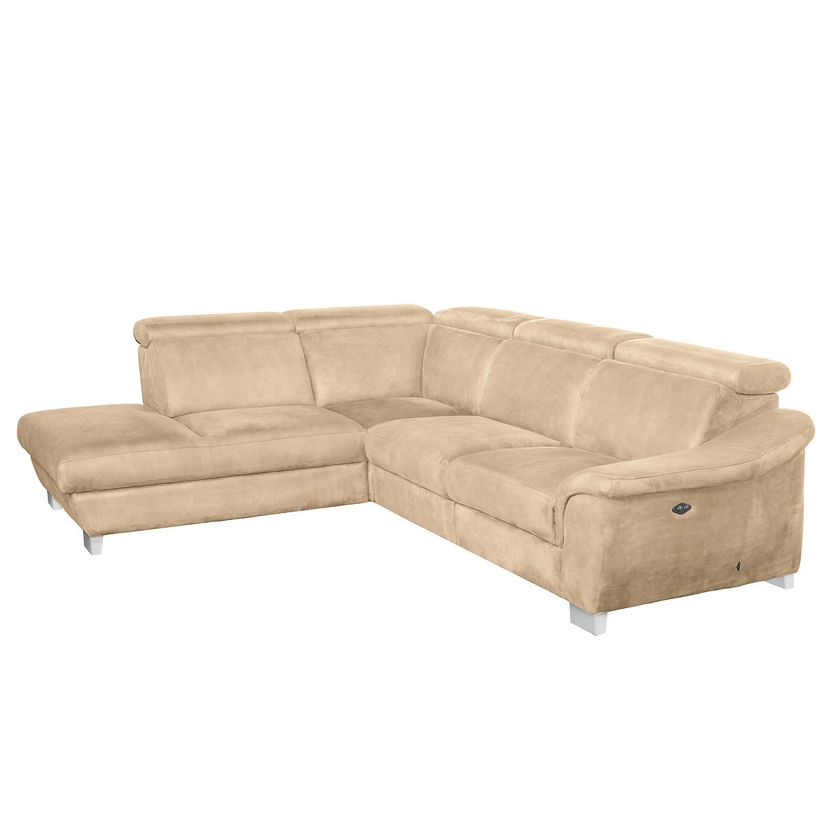 ECKSOFA Beige Mikrofaser Rücken echt, Relaxfunktion, Kopfteilverstellung  - Chromfarben/Beige, Design, Textil/Metall (238/276cm) - Livetastic