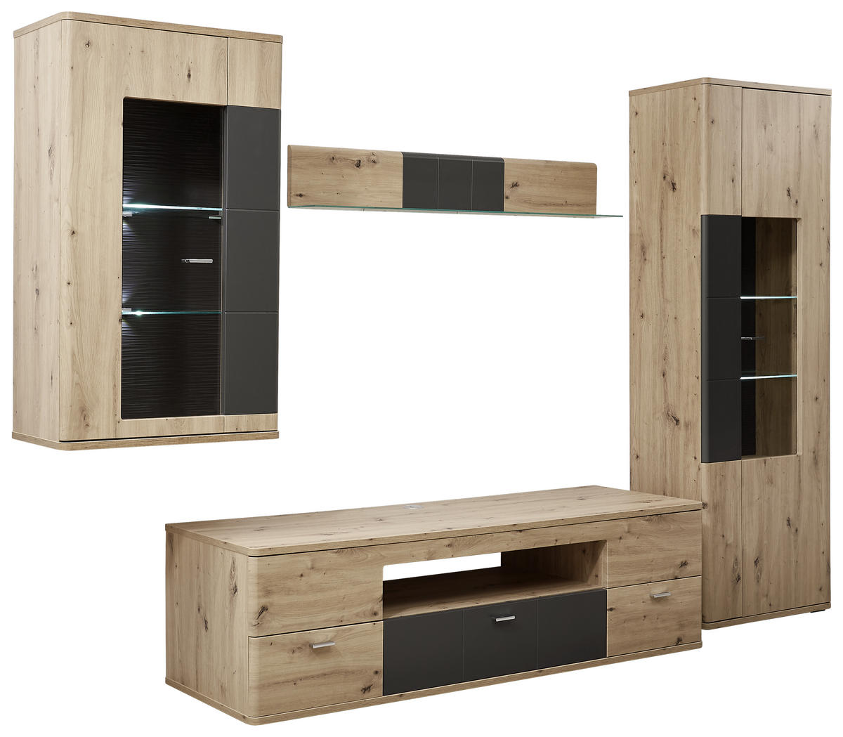 WOHNWAND  in Graphitfarben, Eichefarben  290/200/55 cm  - Eichefarben/Silberfarben, KONVENTIONELL, Holzwerkstoff/Kunststoff (290/200/55cm) - Xora