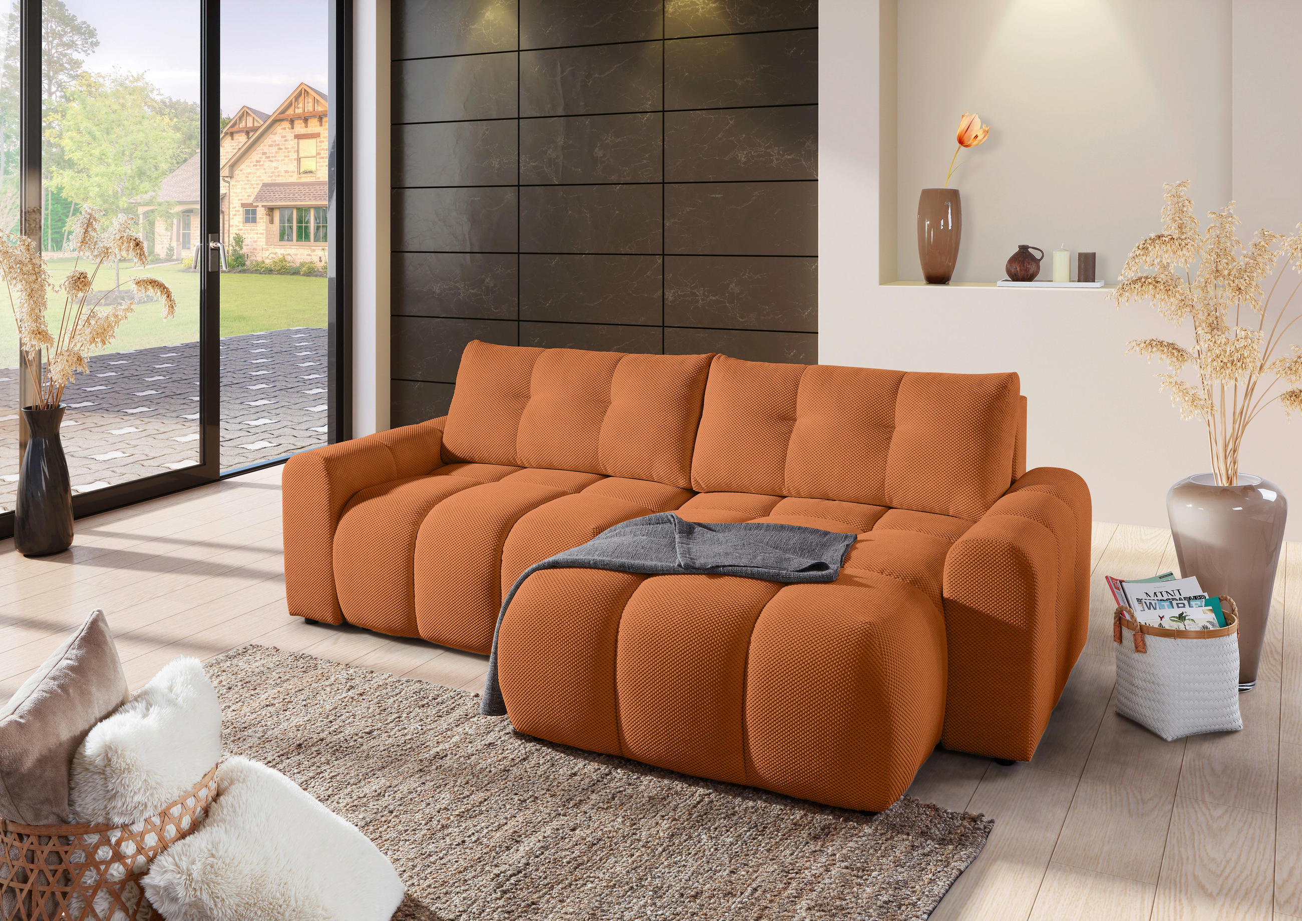 ECKSOFA  in Flachgewebe Rostfarben  - Rostfarben/Schwarz, KONVENTIONELL, Kunststoff/Textil (256/157cm) - Carryhome