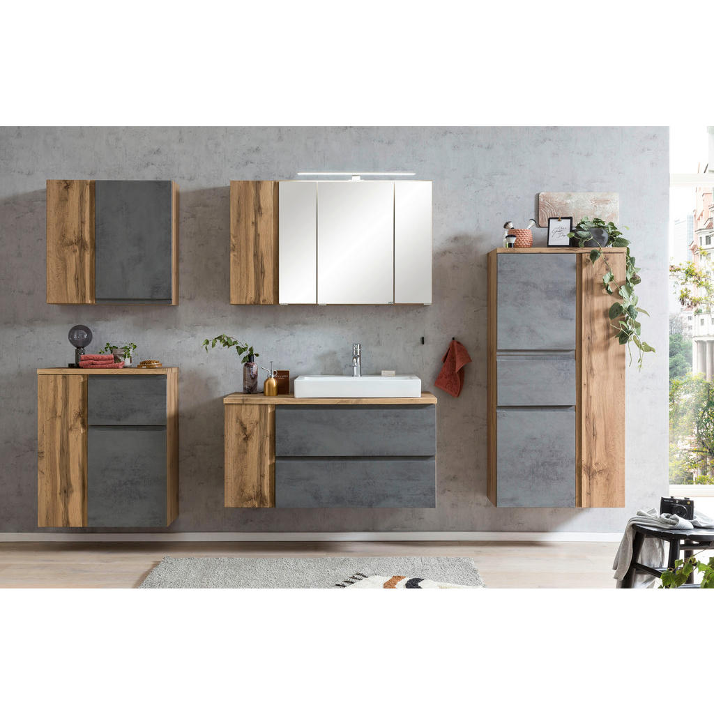Thumbnail - Held Hängeschrank, Hellgrau, Eiche Wotan, Holzwerkstoff, 4 Fächer, 65x64x20 cm, Made in Germany, Badezimmer, Badezimmers...