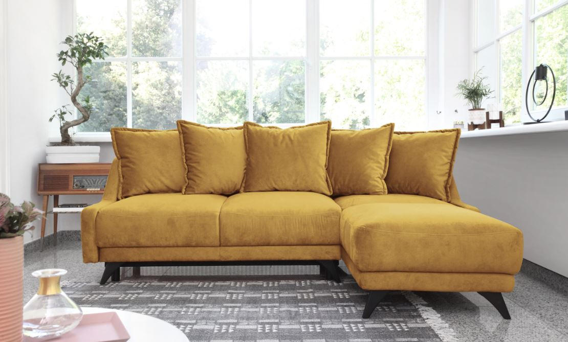 ECKSCHLAFSOFA Gelb Velours - Gelb/Schwarz, Basics, Holz/Textil (225/80/90/155cm) - MID.YOU