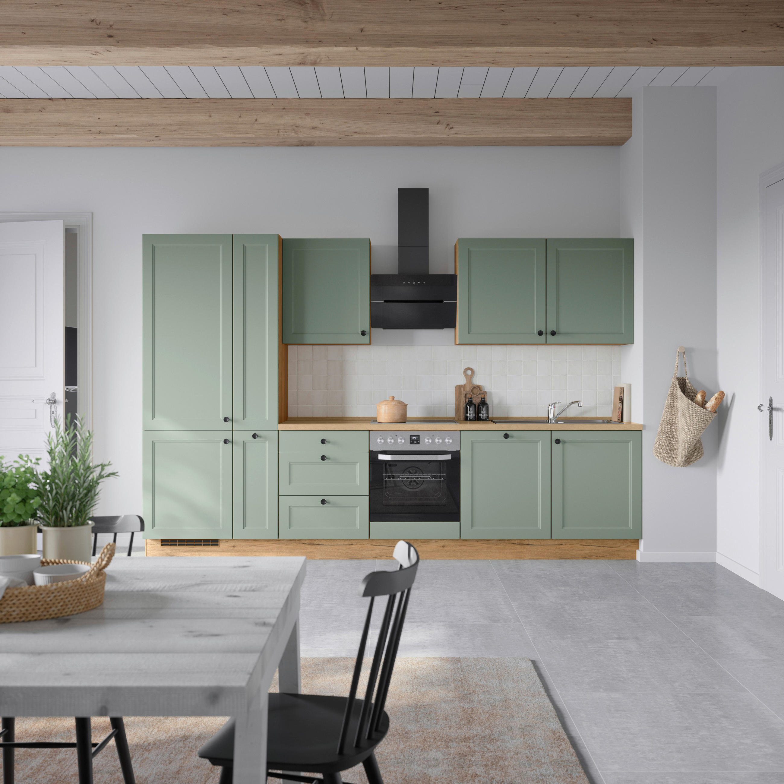 KÜCHENBLOCK 330 cm   in Eichefarben, Schilfgrün  - Schilfgrün/Eichefarben, MODERN, Holzwerkstoff/Metall (330cm) - Nobilia