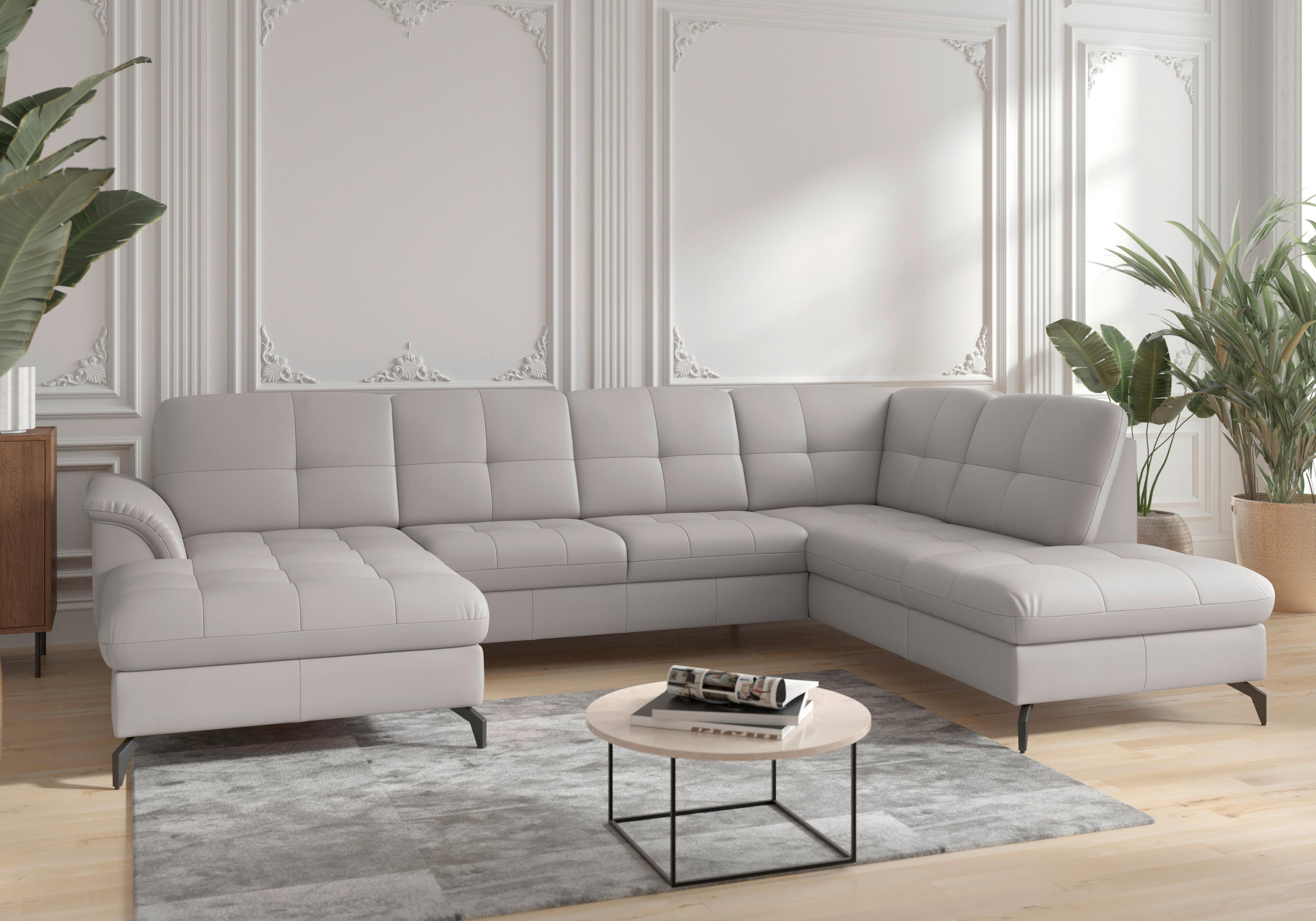 WOHNLANDSCHAFT in Vliesstoff Kombination Echtleder/Stoff Hellgrau  - Hellgrau/Schwarz, MODERN, Leder/Textil (164/319/212cm) - Sit & More