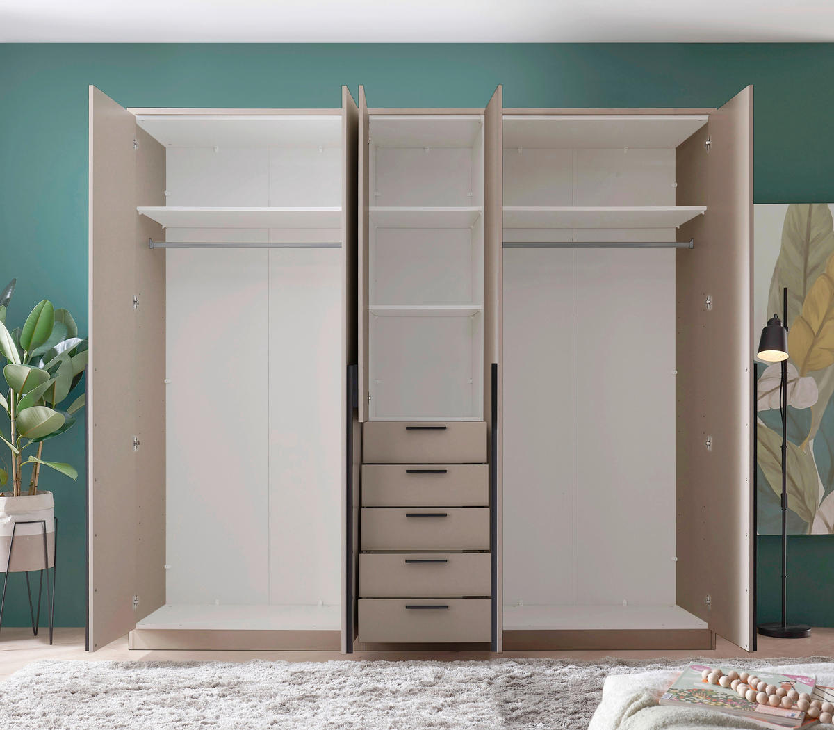 KLEIDERSCHRANK 225/210/52 cm,  in Kaschmir, 5-türig  - Kaschmir/Schwarz, KONVENTIONELL, Holzwerkstoff/Kunststoff (225/210/52cm) - Livetastic