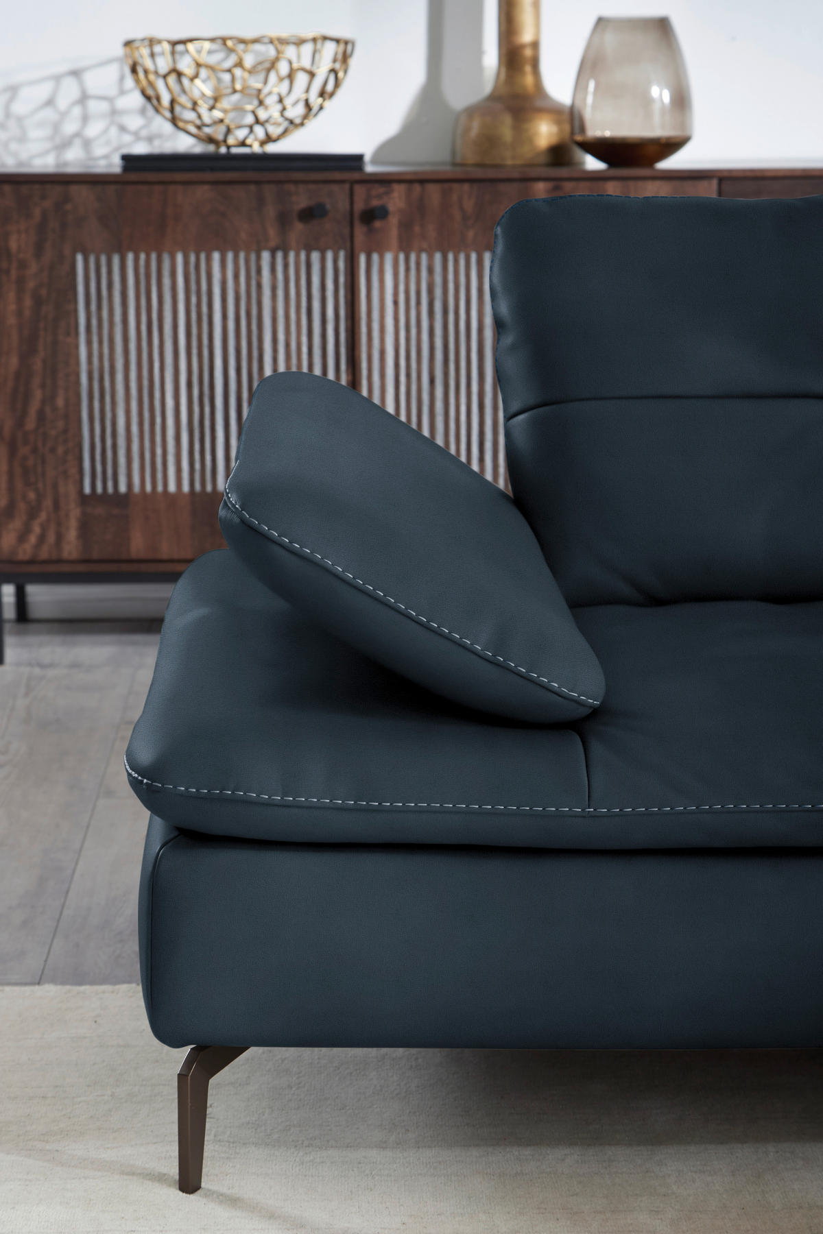 ECKSOFA in Echtleder Dunkelblau  - Bronzefarben/Dunkelblau, Design, Leder/Metall (298/298cm) - Chilliano