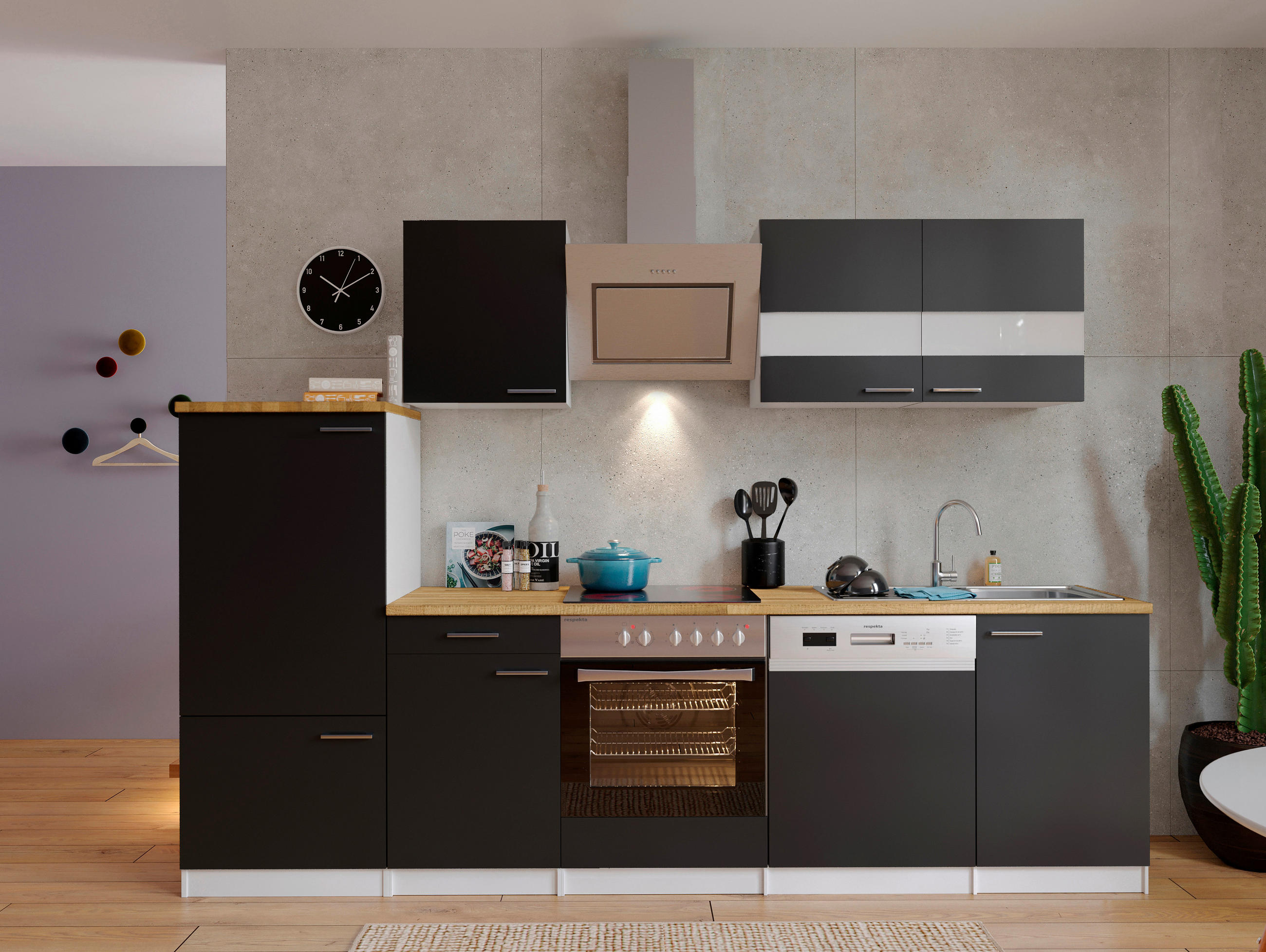 KÜCHENBLOCK 280 cm   in Schwarz  - Edelstahlfarben/Nussbaumfarben, Basics, Holzwerkstoff/Metall (280cm) - Respekta