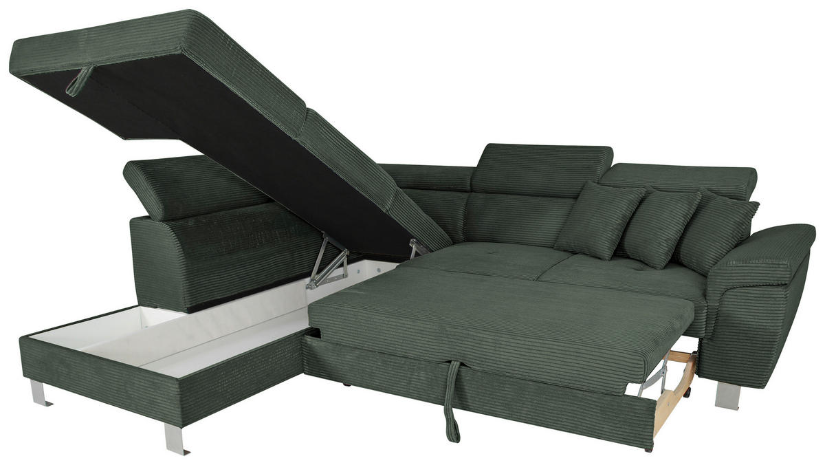 ECKSOFA inkl. Funktionen Waldgrün Cord  - Waldgrün/Silberfarben, Design, Textil/Metall (226/257cm) - Xora