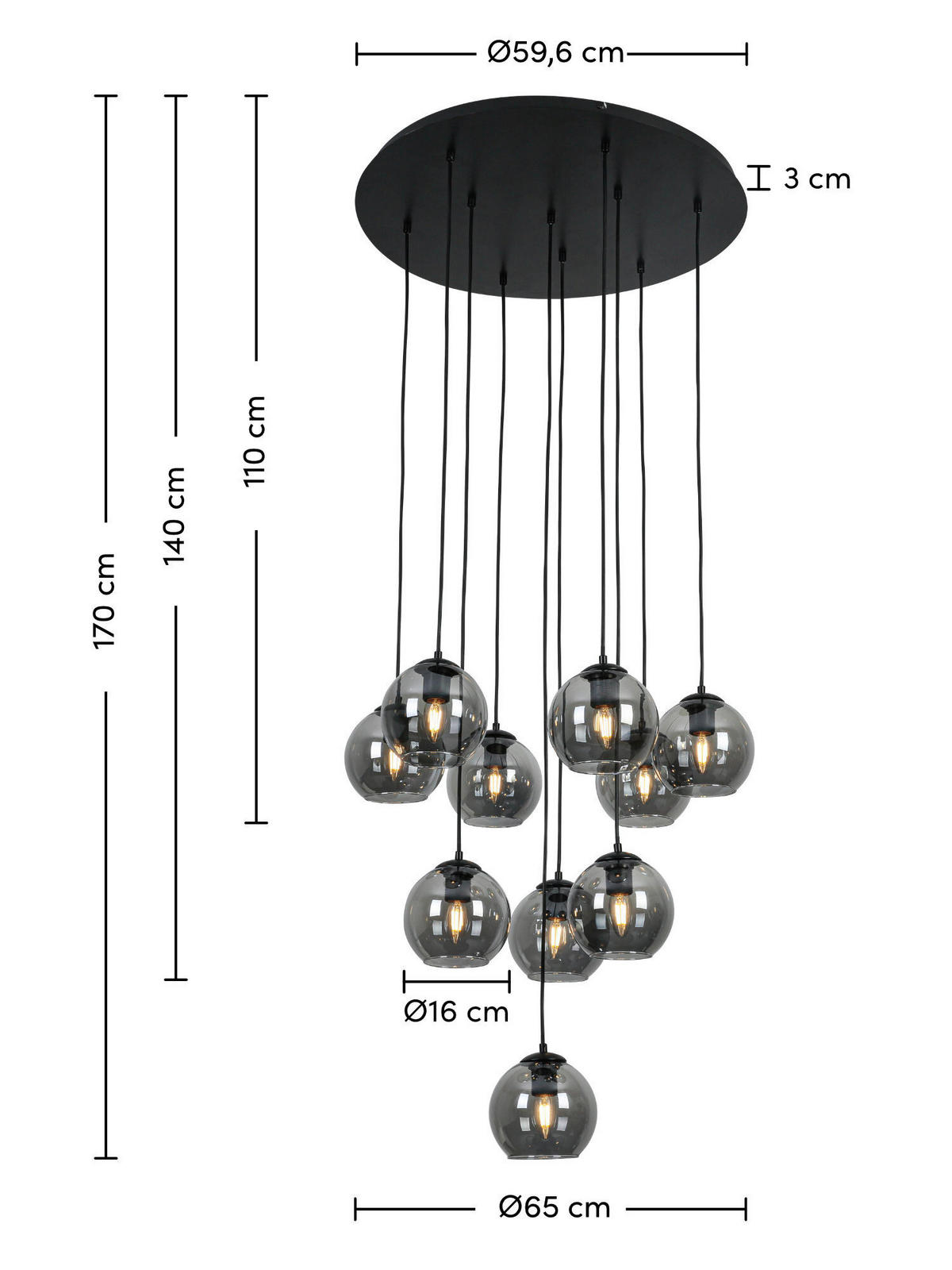 ZÁVĚSNÉ SVÍTIDLO, 65/170 cm  - černá/průhledné, Konvenční, kov/plast (65/170cm) - Dieter Knoll