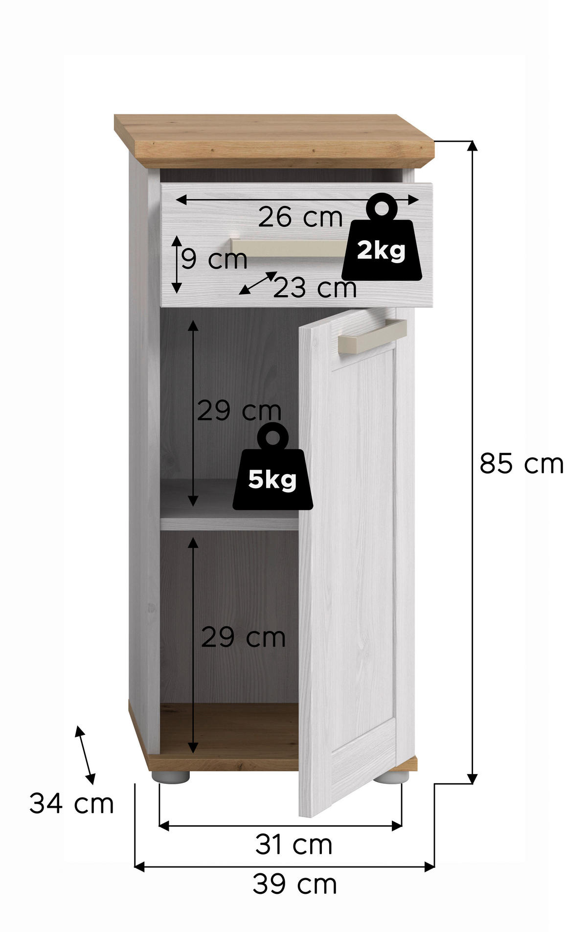 MIDI SKŘÍŇKA, barvy modřínu, dub artisan, 39/85/34 cm - barvy stříbra/barvy modřínu, Trend, kompozitní dřevo/plast (39/85/34cm) - MID.YOU