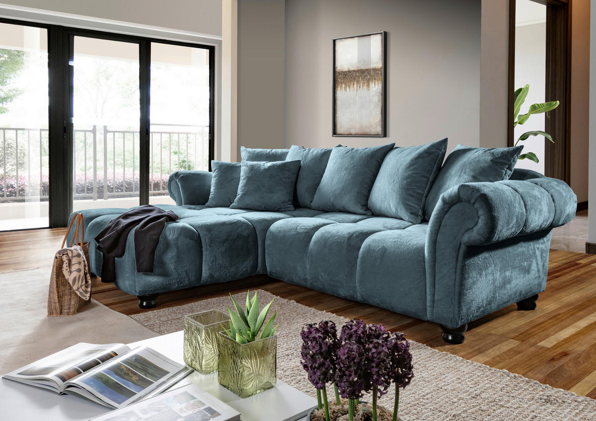 HÖRNSOFFA i plysch petrol  - petrol/mörkbrun, Klassisk, trä/textil (190/288cm) - MID.YOU