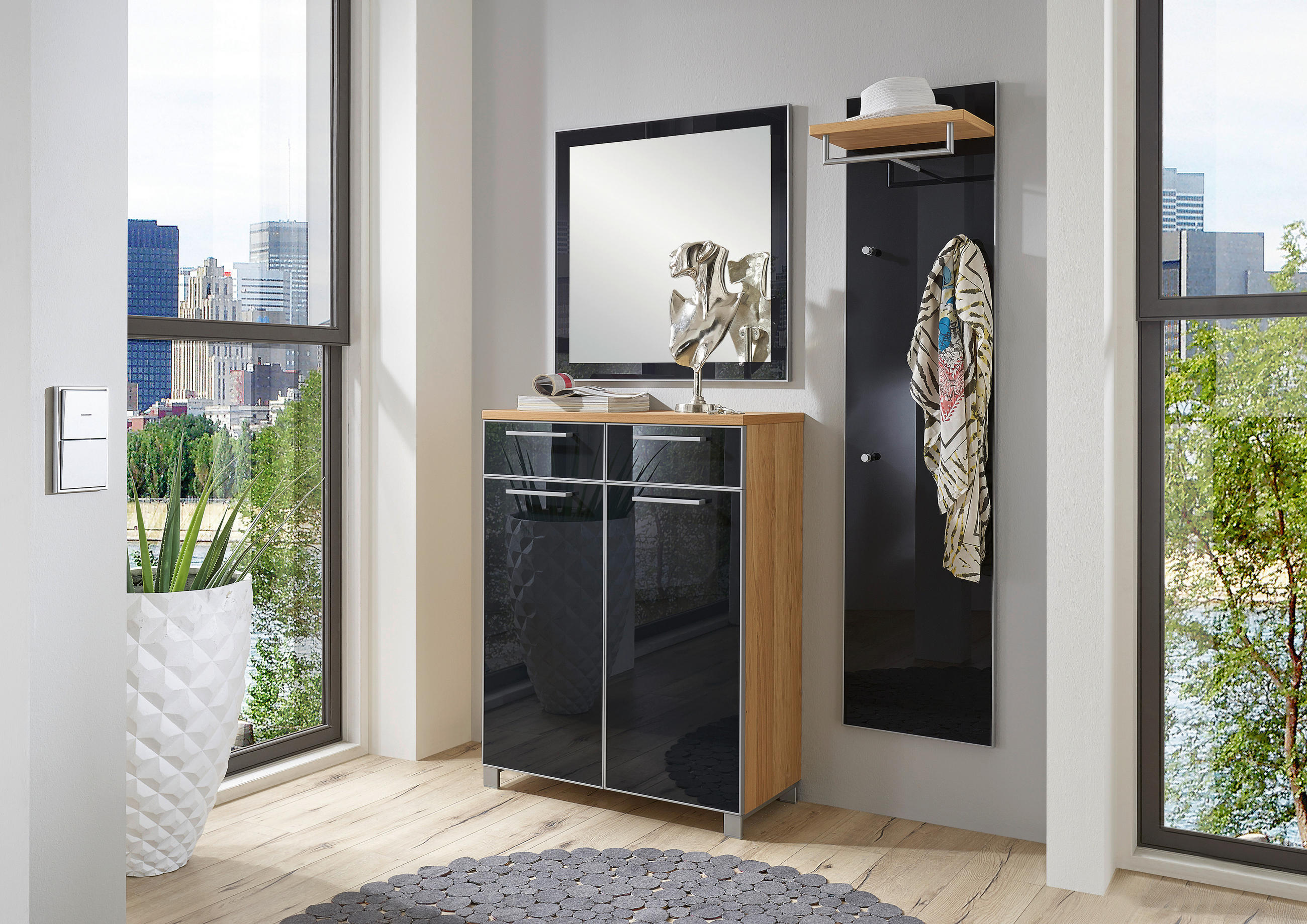 GARDEROBE Anthrazit, Eichefarben - Eichefarben/Anthrazit, Design, Glas/Holz (135/195/37cm)