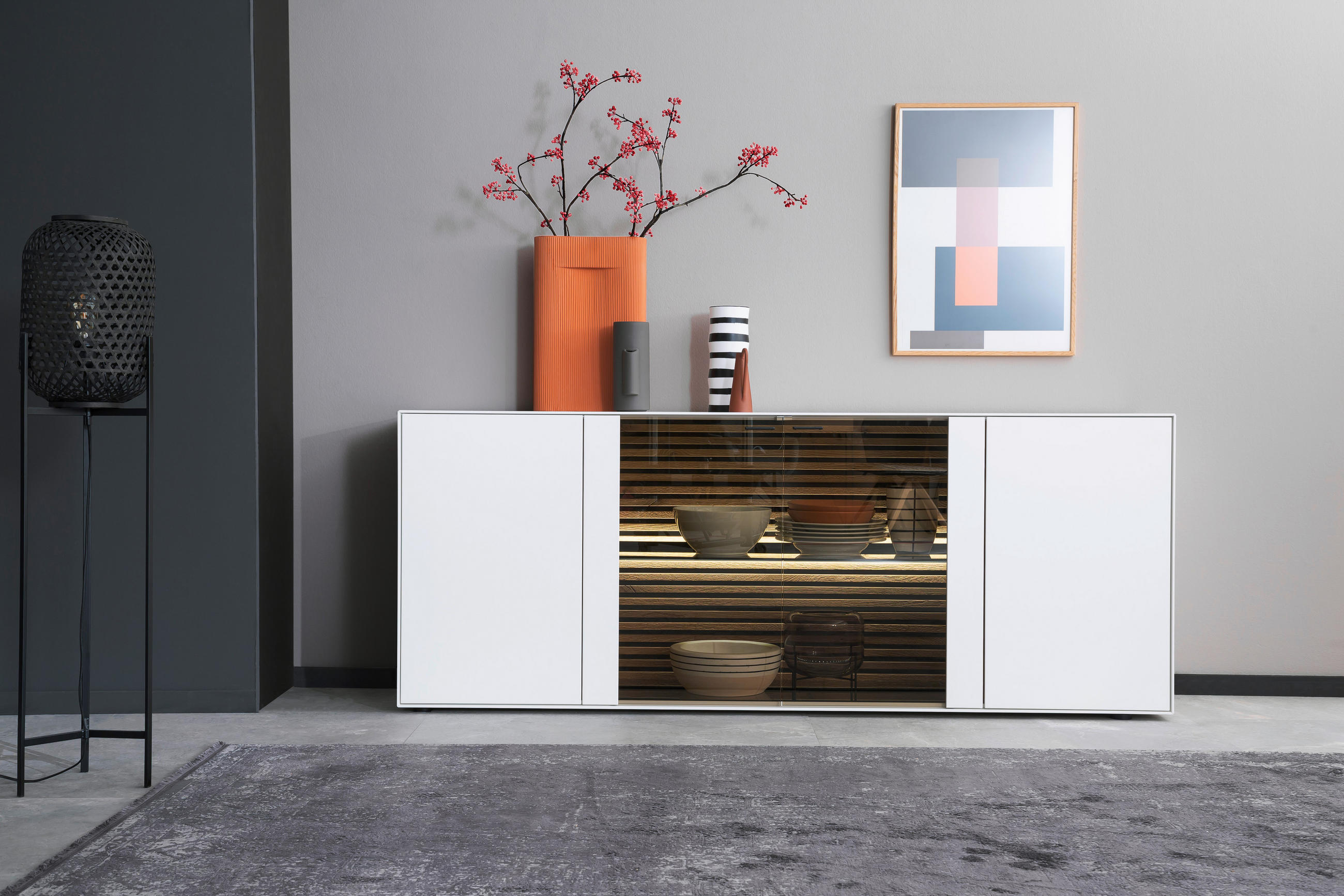 SIDEBOARD YONNA Weiss, Eichefarben  203/80/44 cm  - Weiss/Eichefarben, Design, Glas/Holz (203/80/44cm) - Schöner Wohnen